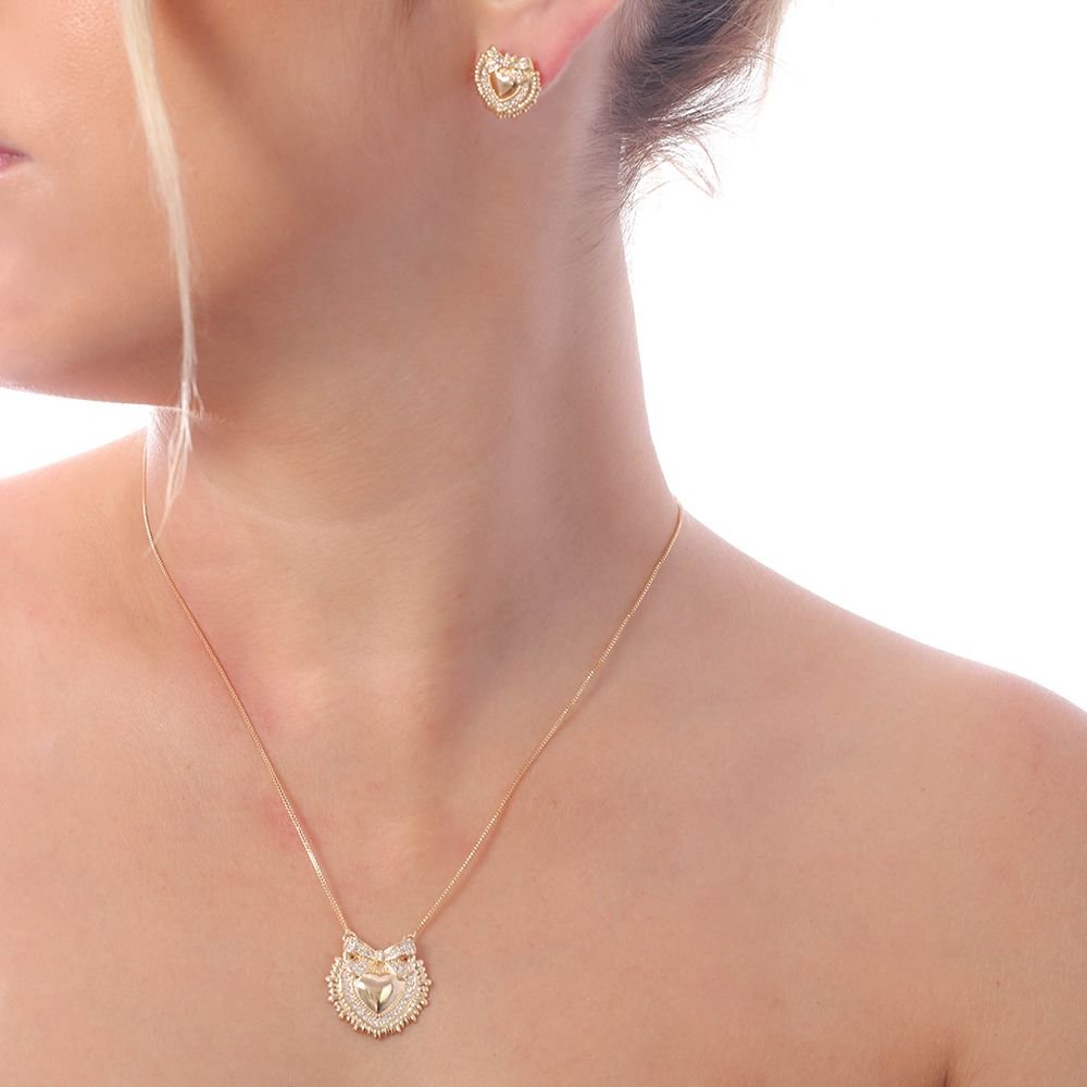 Cj-1002-Fo Conjunto Coração Cravejado De Zircônias Detalhado.