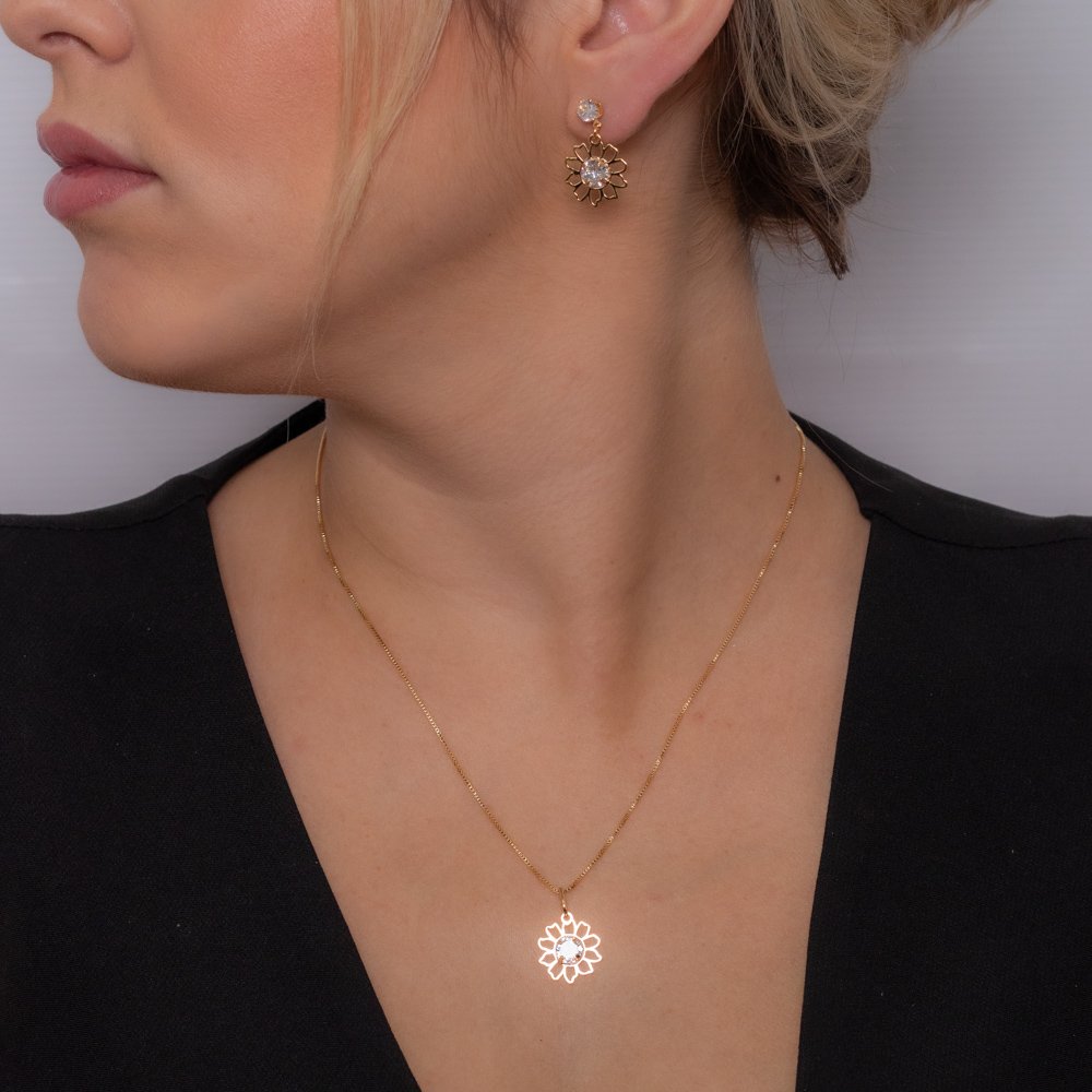 Cjls-2714-Fo Cojunto De Flor Vazada Com Zircônia Cristal (45cm+5cm).