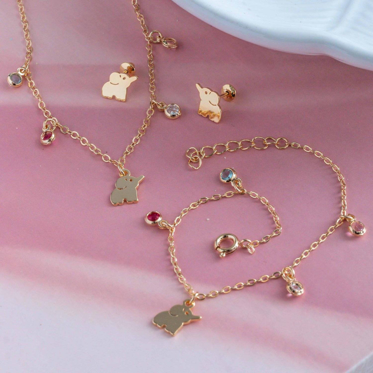 Cjls-3624-Fo Conjunto Infantil De Elefante Colorido (Brinco + Colar 35cm+5cm + Pulseira).