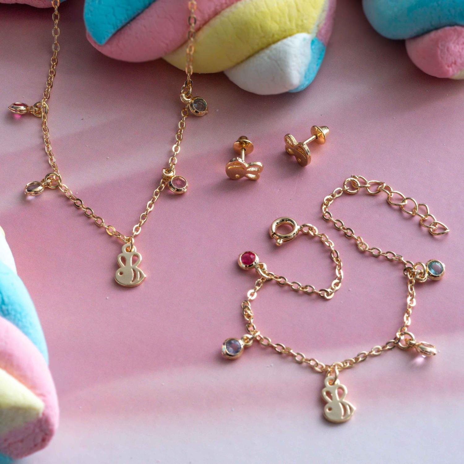 Cjls-3626-Fo Conjunto Infantil De Abelha Colorido (Brinco + Colar 35cm+5cm + Pulseira).