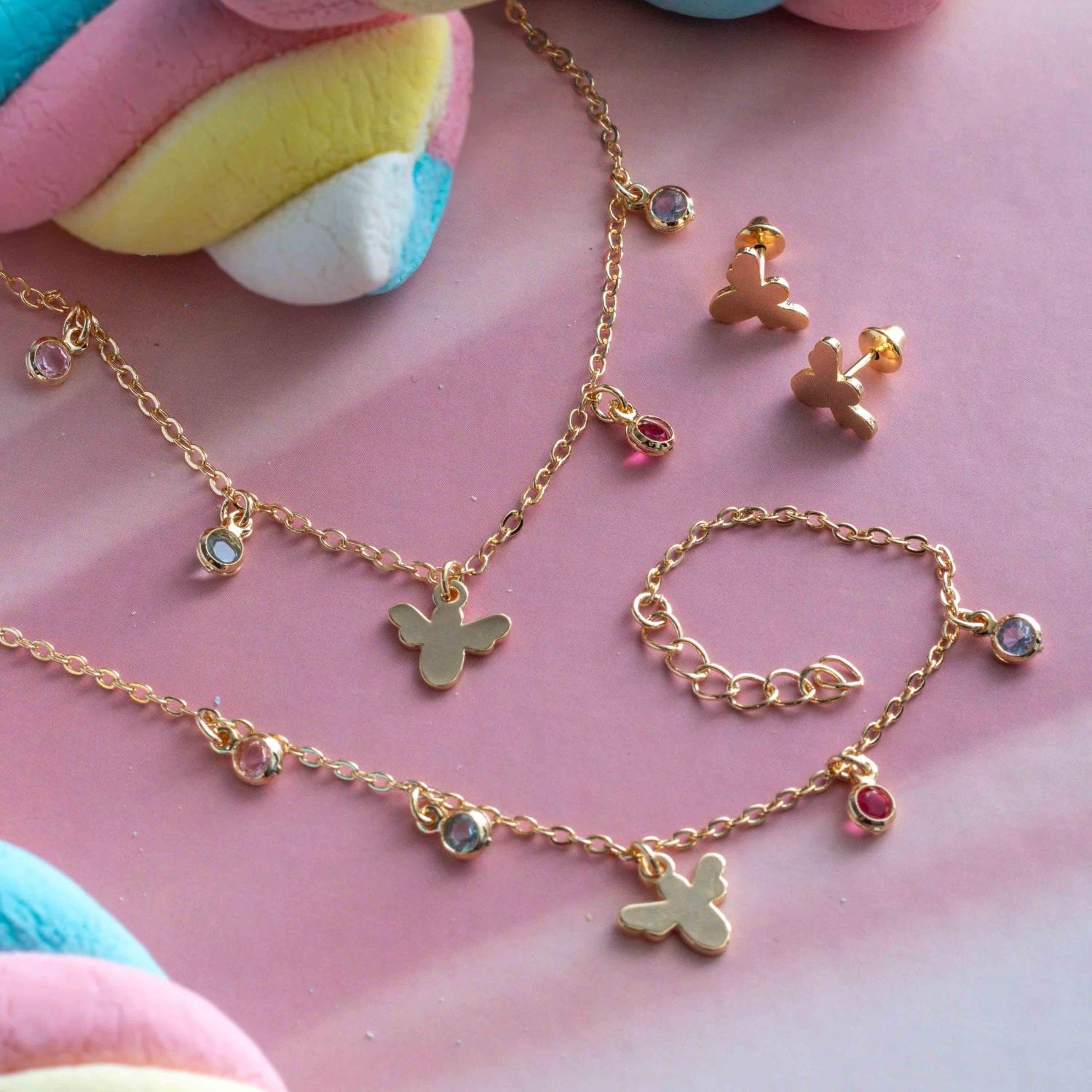 Cjls-3634-Fo Conjunto Infantil De Anjinho Colorido (Brinco + Colar 35cm+5cm + Pulseira).