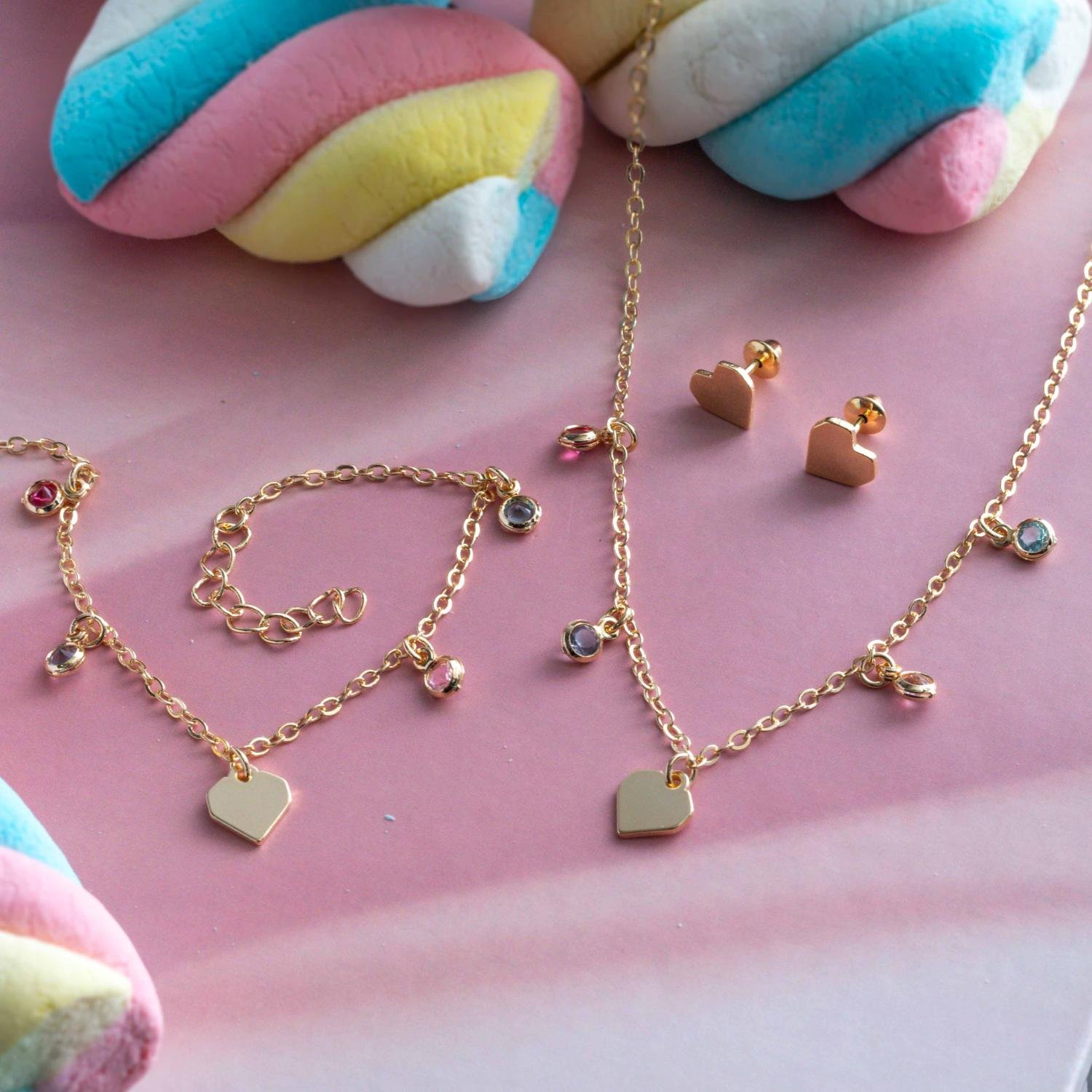 Cjls-3658-Fo Conjunto De Coração Colorido (Brinco + Colar 35cm+5cm + Pulseira).