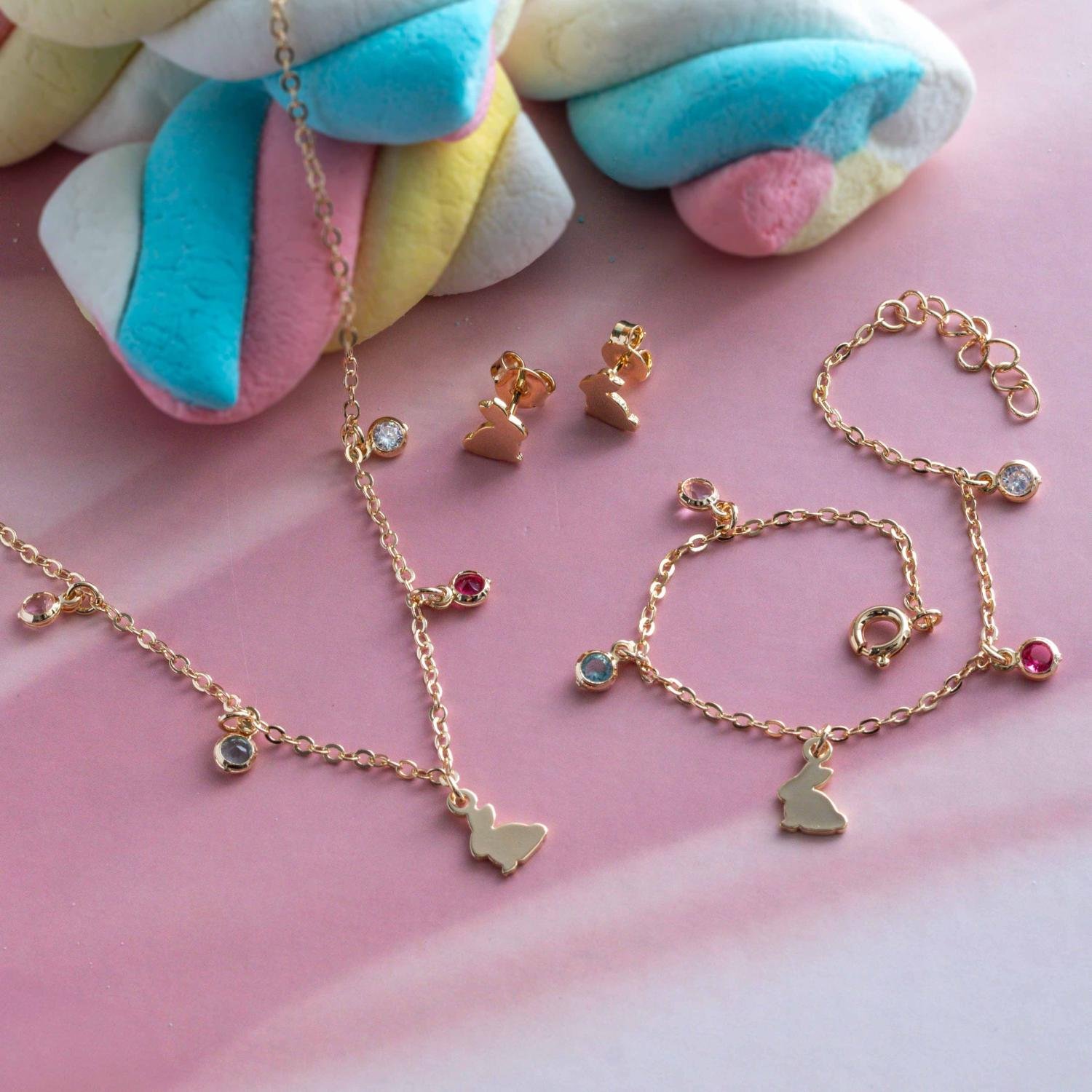 Cjls-3666-Fo Conjunto Infantil De Coelhinho Colorido (Brinco + Colar 35cm+5cm + Pulseira).