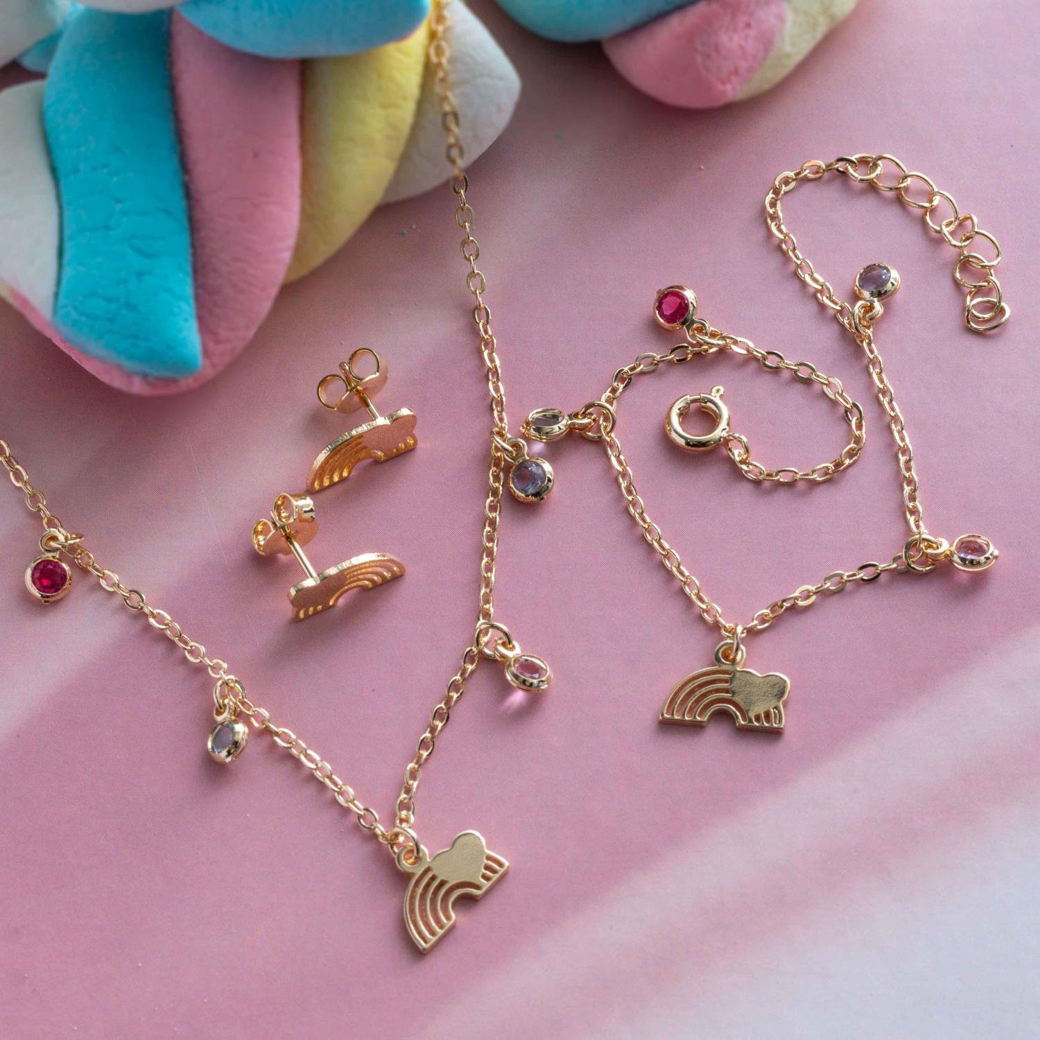 Cjls-3678-Fo Conjunto Infantil De Arco-Íris E Coração Colorido (Brinco + Colar 35cm+5cm + Pulseira).