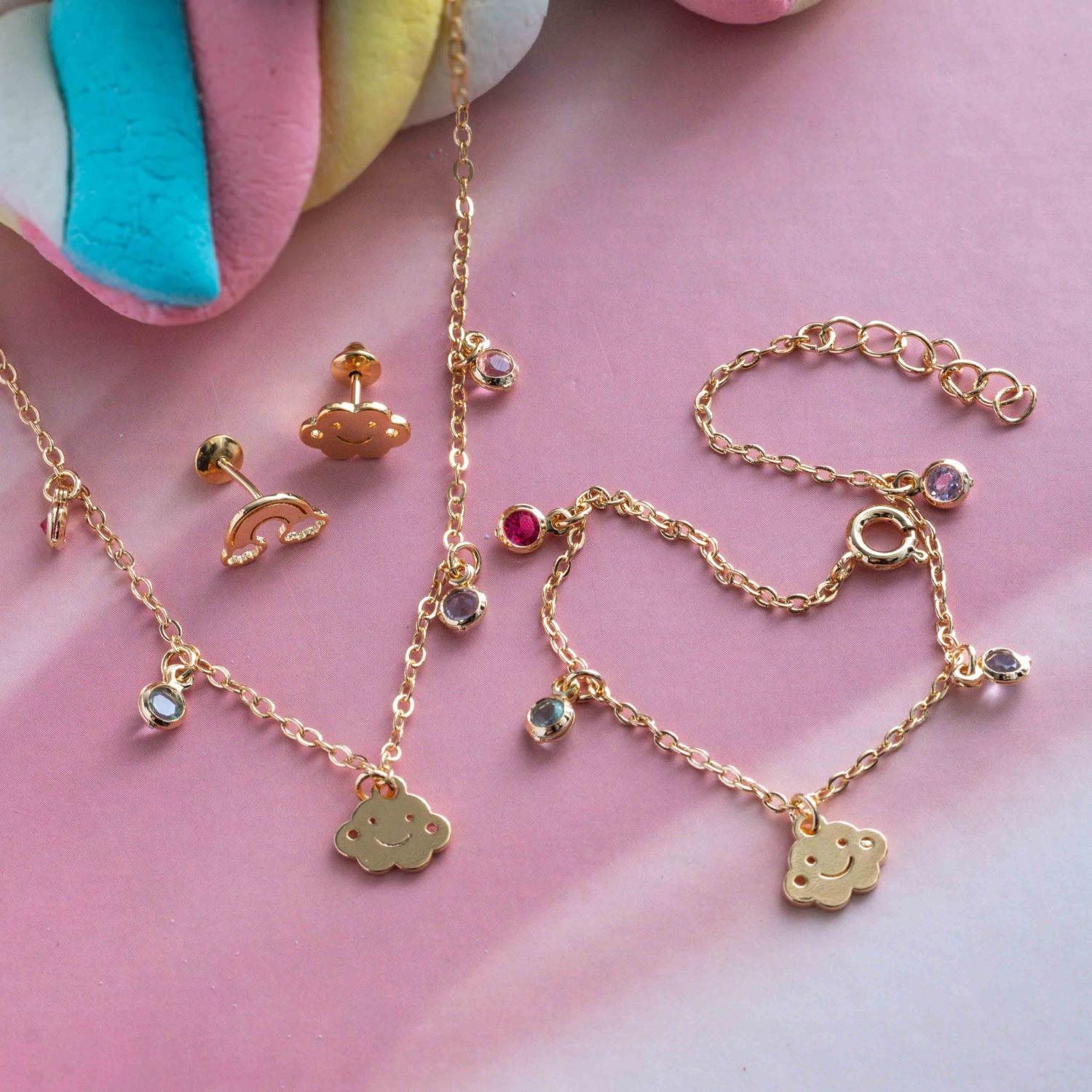 Cjls-3688-Fo Conjunto Infantil De Nuvem E Arco-Íris Colorido (Brinco + Colar 35cm+5cm + Pulseira).