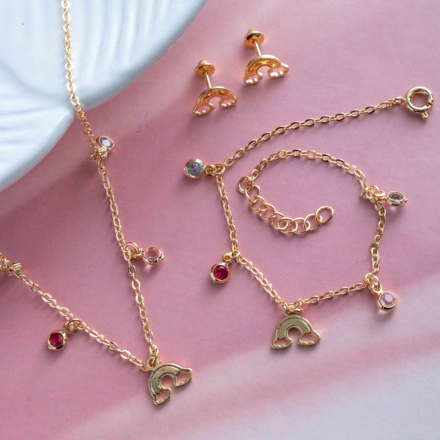 Cjls-3700-Fo Conjunto Infantil De Arco-Íris Colorido (Brinco, Colar (35cm+5cm) E Pulseira).