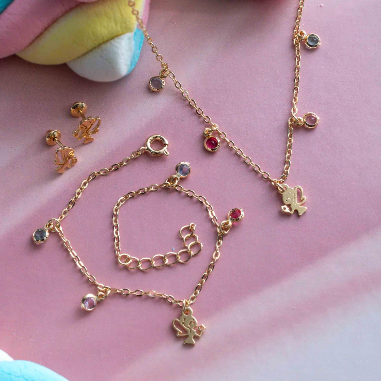 Cjls-3702-Fo Conjunto Infantil De Fada Colorido (Brinco + Colar 35cm+5cm + Pulseira).