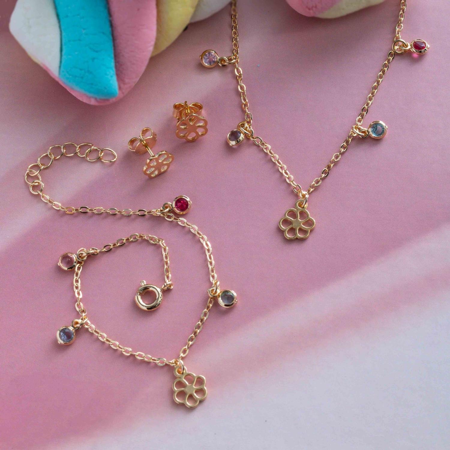 Cjls-3712-Fo Conjunto Infantil De Florzinha Colorido (Brinco + Colar 35cm+5cm + Pulseira).