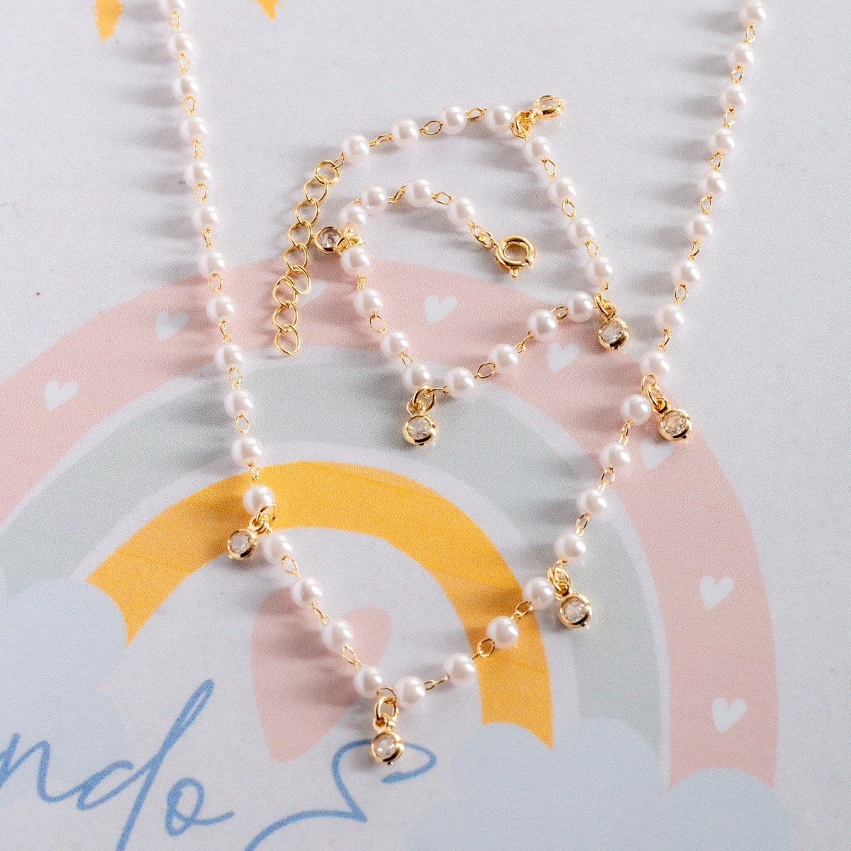 Cjt-1111-Fo Conjunto Infantil De Pérolas Com Pingentes De Zircônias Cristais (35cm+5cm).