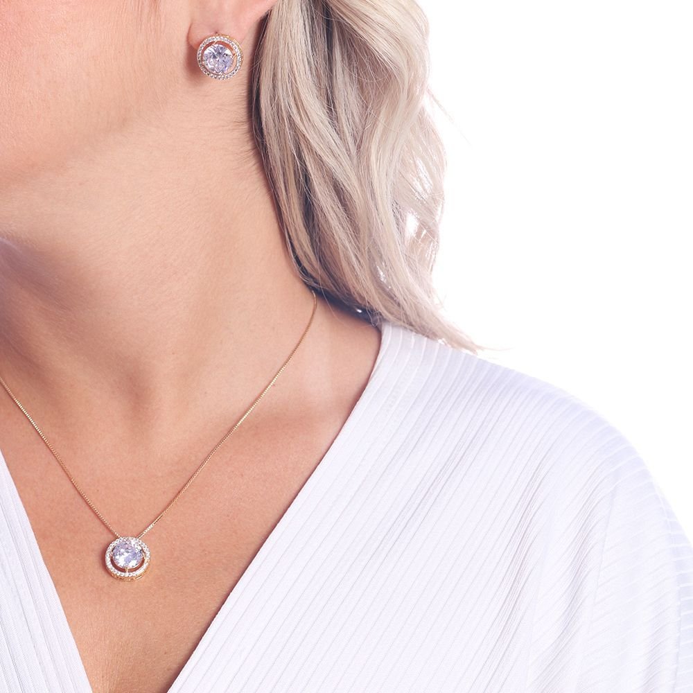 Cjt-384-Fo (45cm+5cm) Conjunto De Pedra Lilás E Cravejado De Zircônias Cristal.