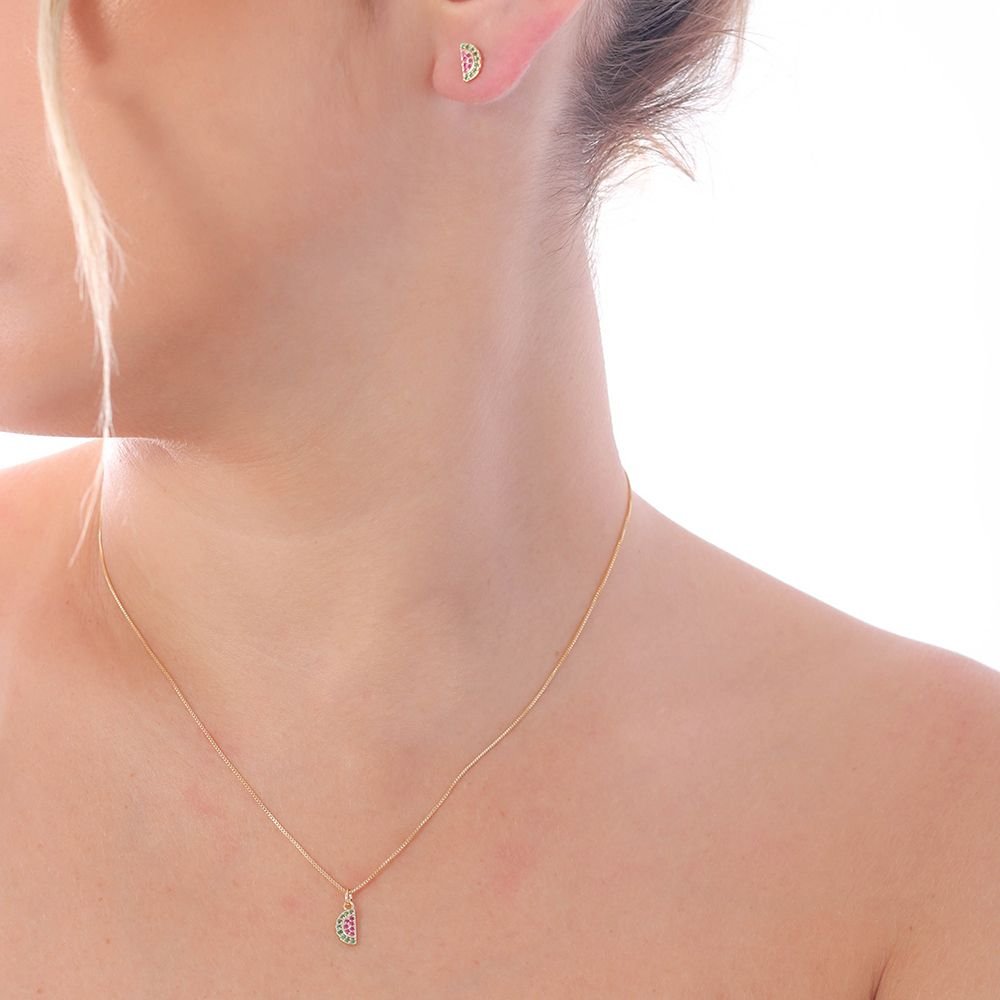 Cjt-439-Fo (40cm+5cm) Conjunto Melancia Cravejado De Zircônias Colorida.