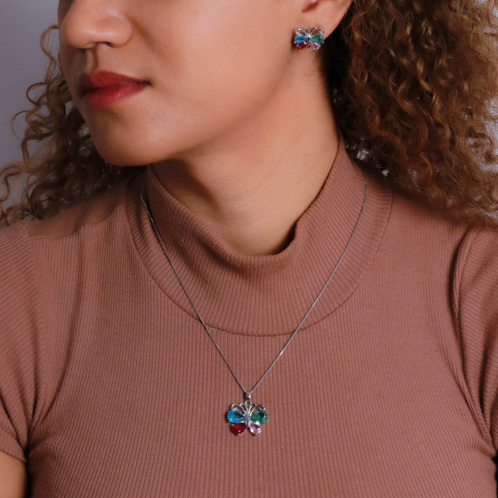 Cjt-477-Rd Conjunto De Borboleta Cravejada Colorido - Ródio Branco (45cm+5cm).