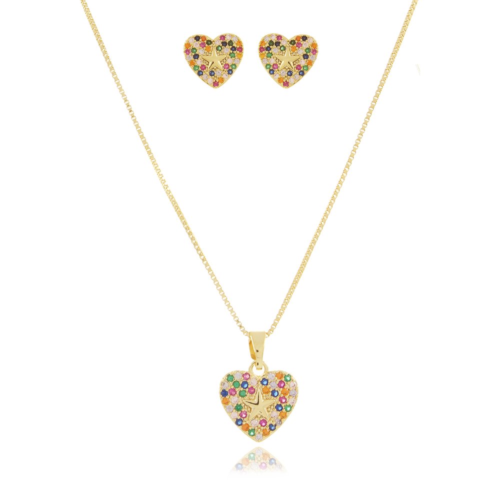 Cjt-577-Fo (45cm+5cm) Conjunto De Coração Com Estrela Cravejado Colorido