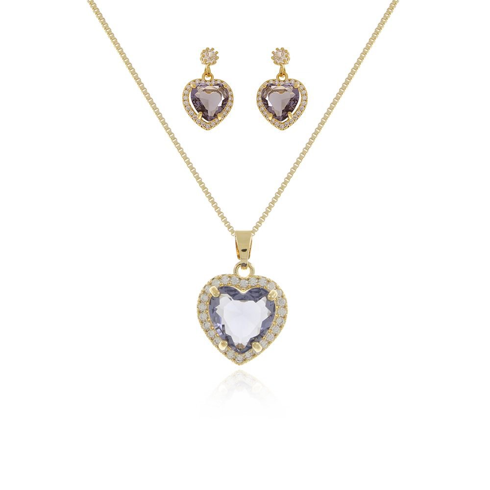 Cjt-581-Fo Conjunto De Coração Cravejado Fúcsia E Cristal