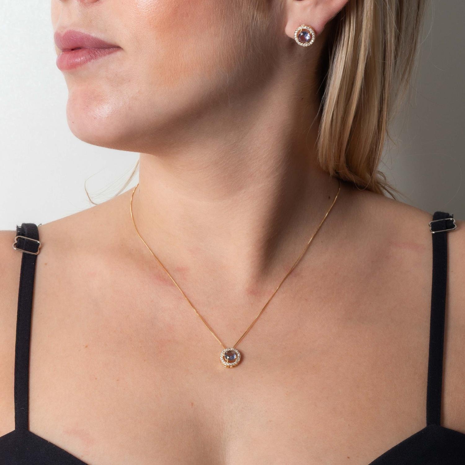 Cjt-590-Fo (40cm+5cm) Conjunto De Pedra Azul E Zircônias Cristal