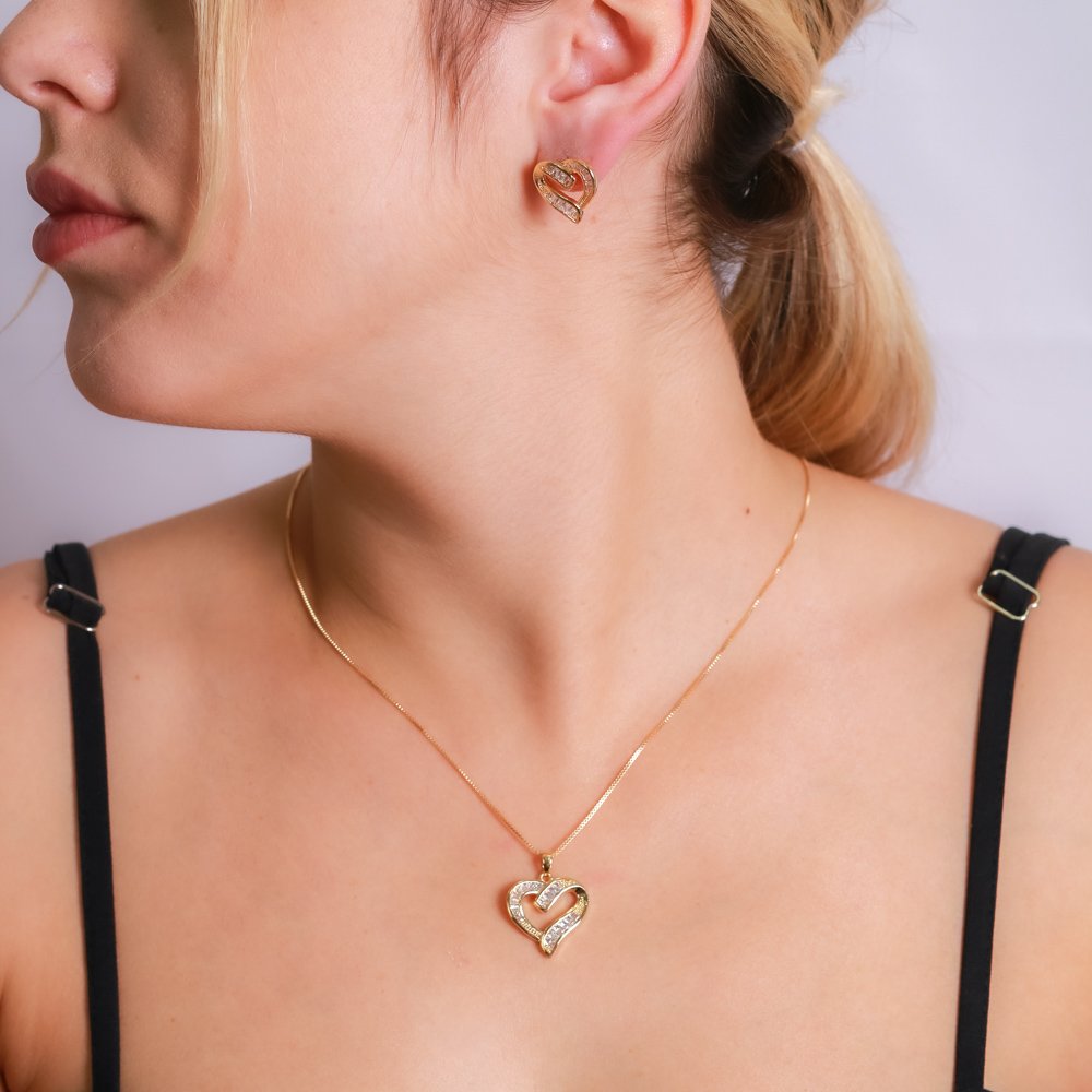 Cjt-597-Fo Conjunto De Coração Vazado Cravejado De Zircônias Cristais (45cm+5cm).