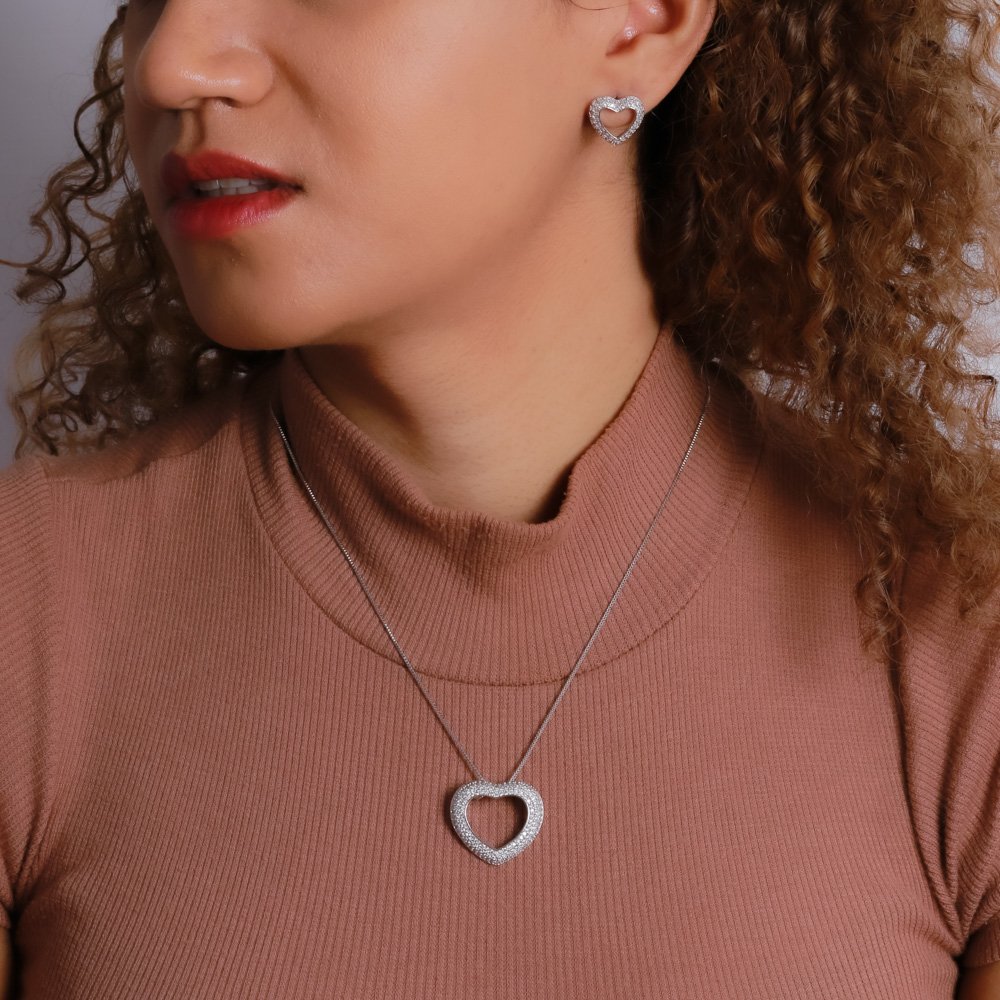 Cjt-599-Rd Conjunto De Coração Vazado Cravejado De Zircônias Cristais - Ródio Branco (45cm+5cm).