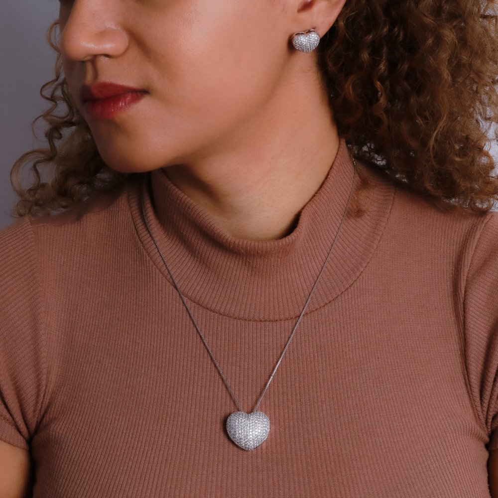 Cjt-600-Rd Conjunto De Coração Cravejado Cristal - Ródio Branco (45cm+5cm).