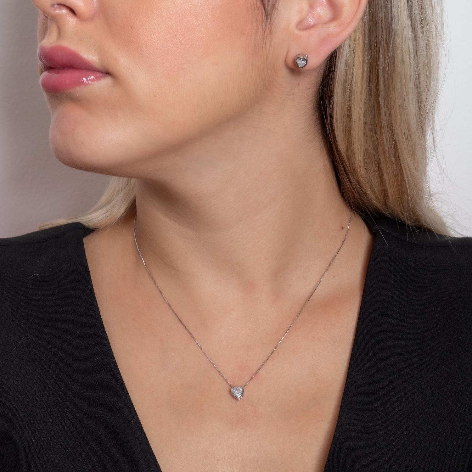 Cjt-623-Rd Conjunto Ponto De Luz De Coração Cristal - Ródio Branco (40cm+5cm).