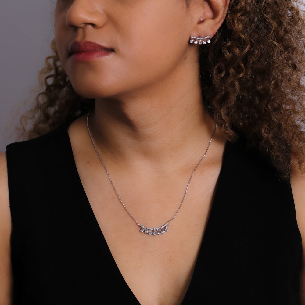 Cjt-654-Rd Conjunto Bolinhas De Zircônias Suspensas Coloridas - Ródio Branco (21x21cm+5cm).