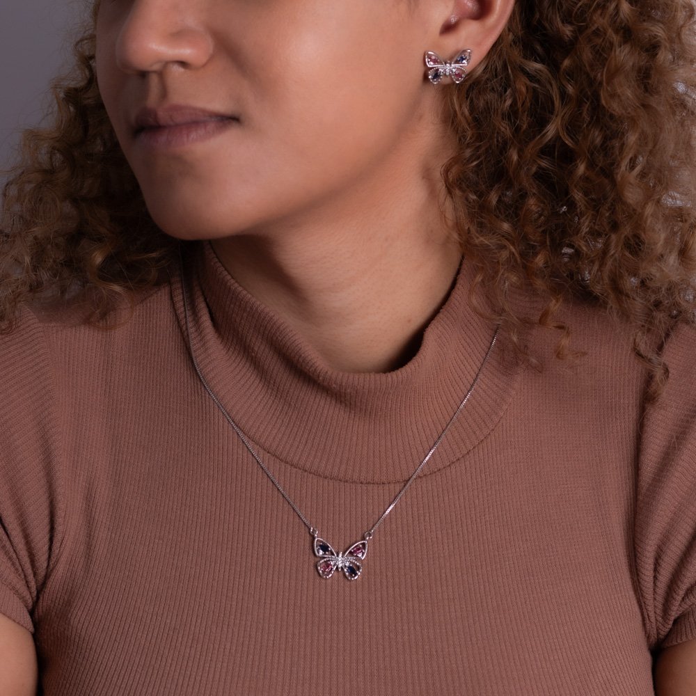 Cjt-655-Rd Conjunto De Borboleta Cravejado Colorido - Ródio Branco (21x21cm+5cm).