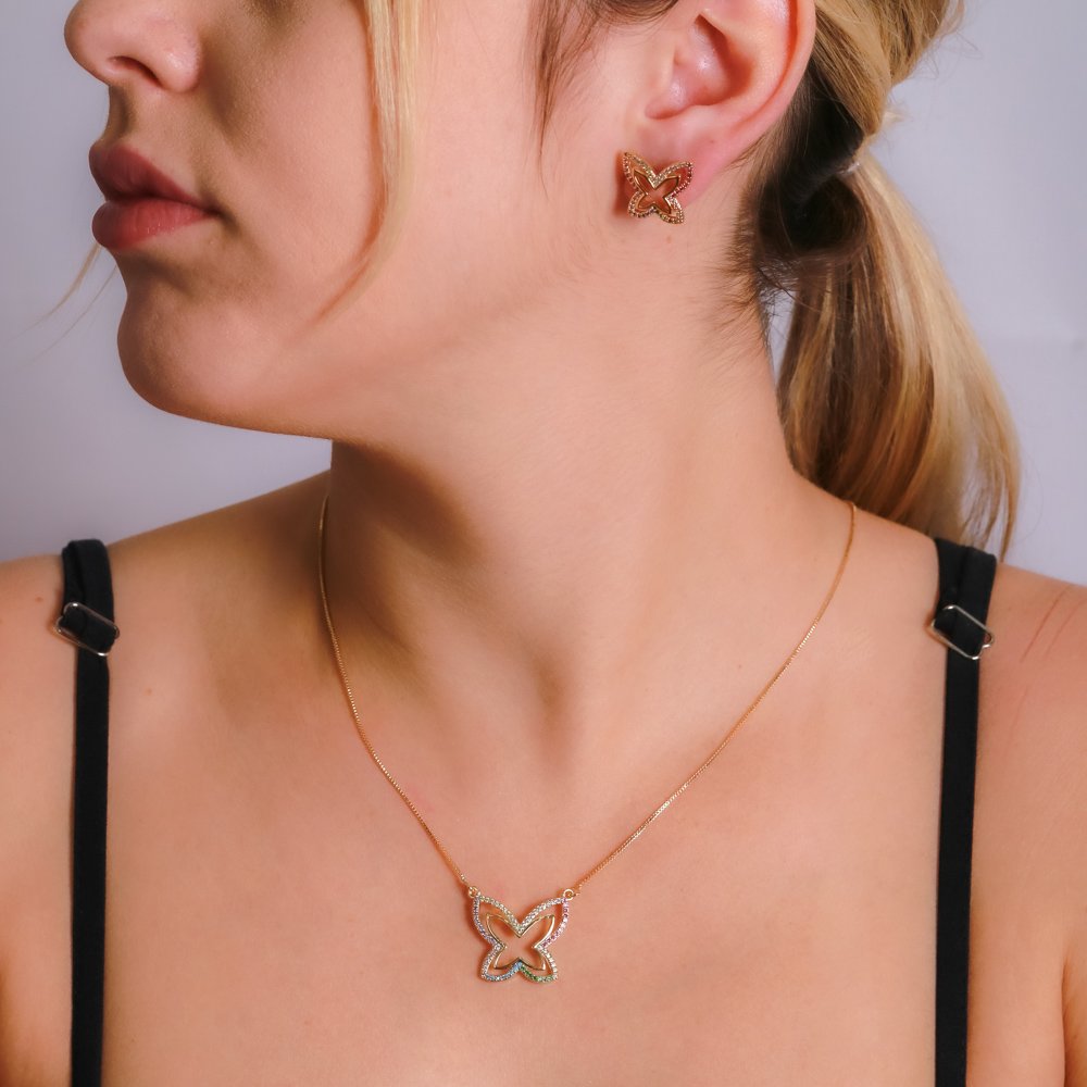 Cjt-656-Fo Conjunto Borboleta Vazada Cravejada De Zircônias Coloridas (45cm+5cm).