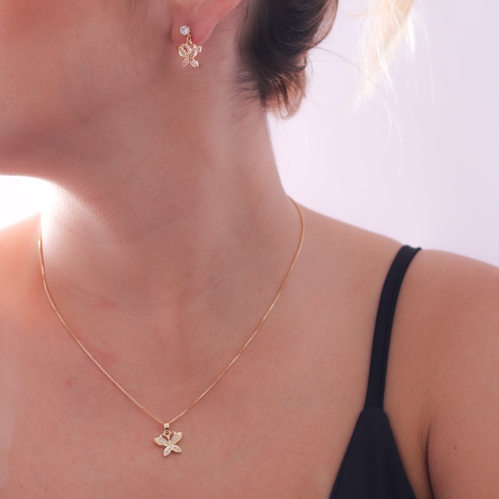 Cjt-742-Fo Conjunto De Borboleta Cravejado De Zircônias Cristais (45cm+5cm).