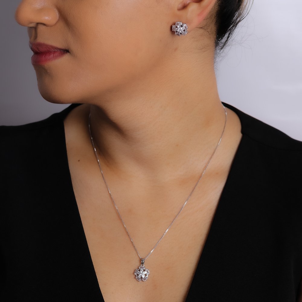 Cjt-757-Rd Conjunto Cravejado De Zircônias Cristal - Ródio Branco (45cm+5cm).