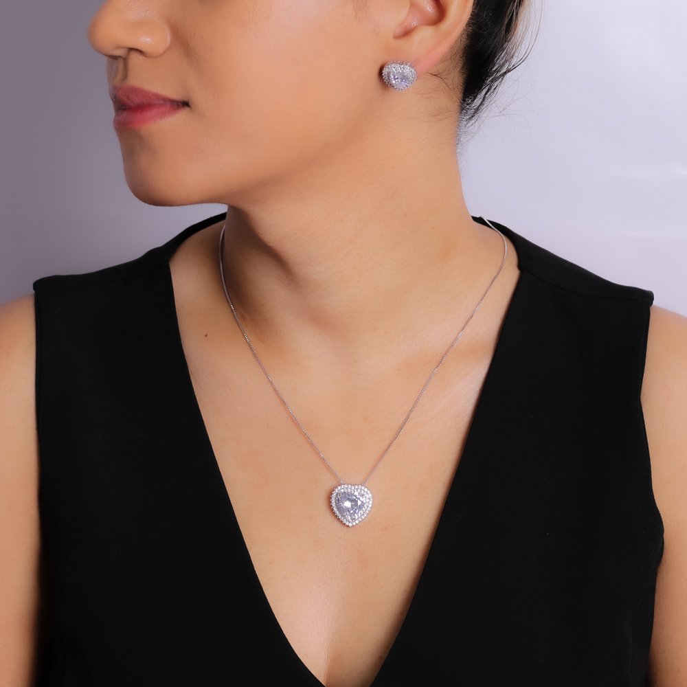 Cjt-764-Rd Conjunto De Coração Cravejado - Ródio Branco (45cm+5cm).