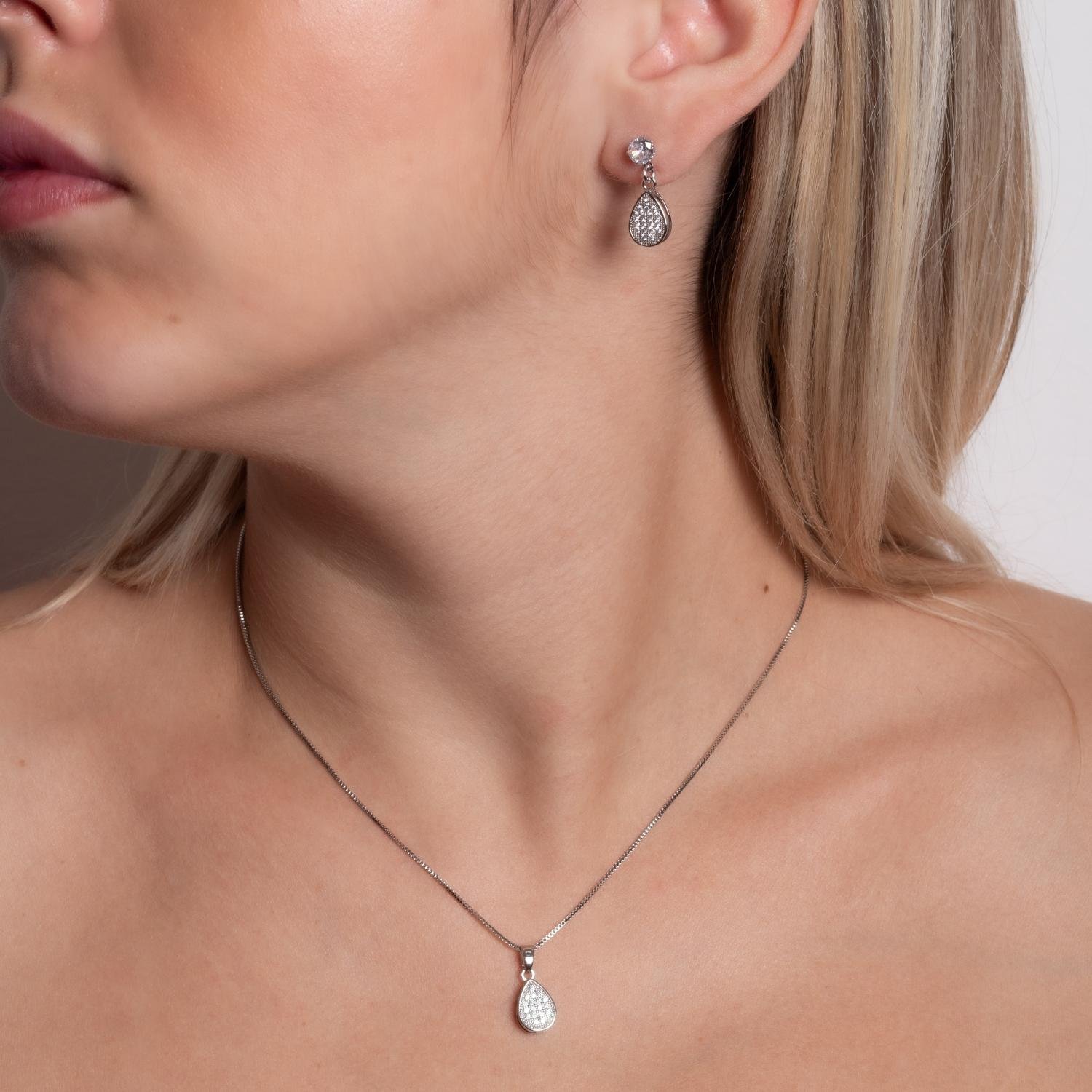 Cjt-822-Rd Conjunto Gota Cravejada De Zircônias Cristais ( 40cm+5cm) - Ródio Branco.