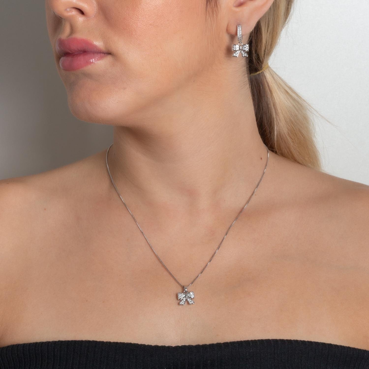 Cjt-859-Rd Conjunto De Laço Cravejado Cristal - Ródio Branco (45cm+5cm).