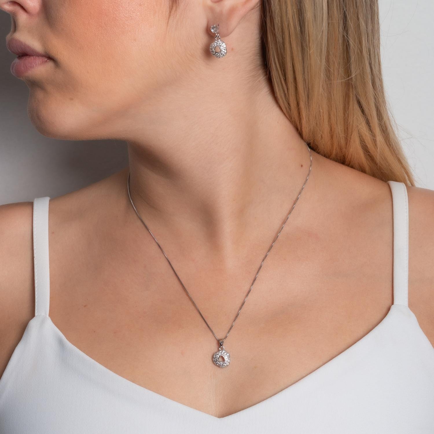 Cjt-860-Rd Conjunto Cravejado De Zircônias Cristais - Ródio Branco (45cm+5cm).