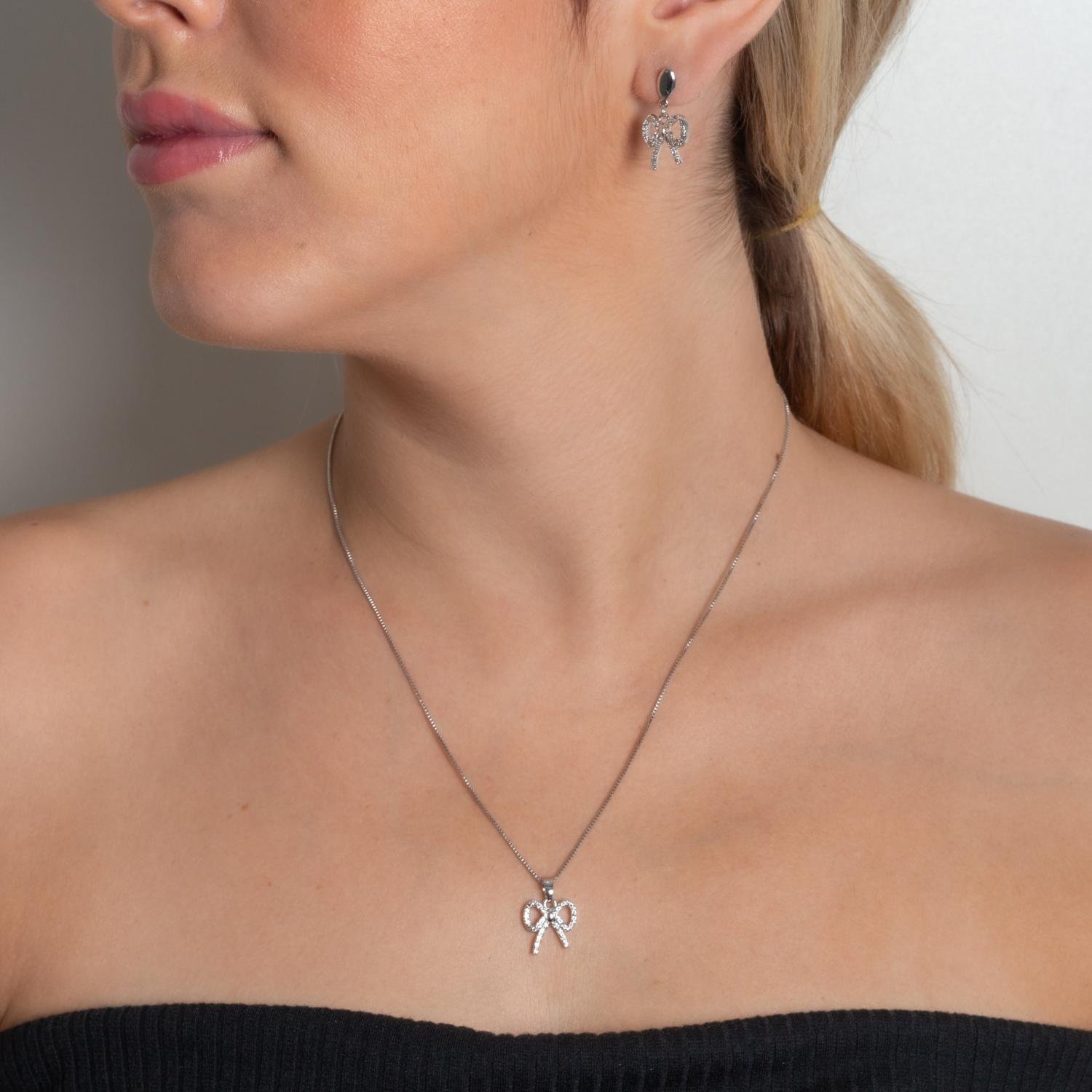 Cjt-867-Rd Conjunto De Laço Cravejado Cristal - Ródio Branco (45cm+5cm).