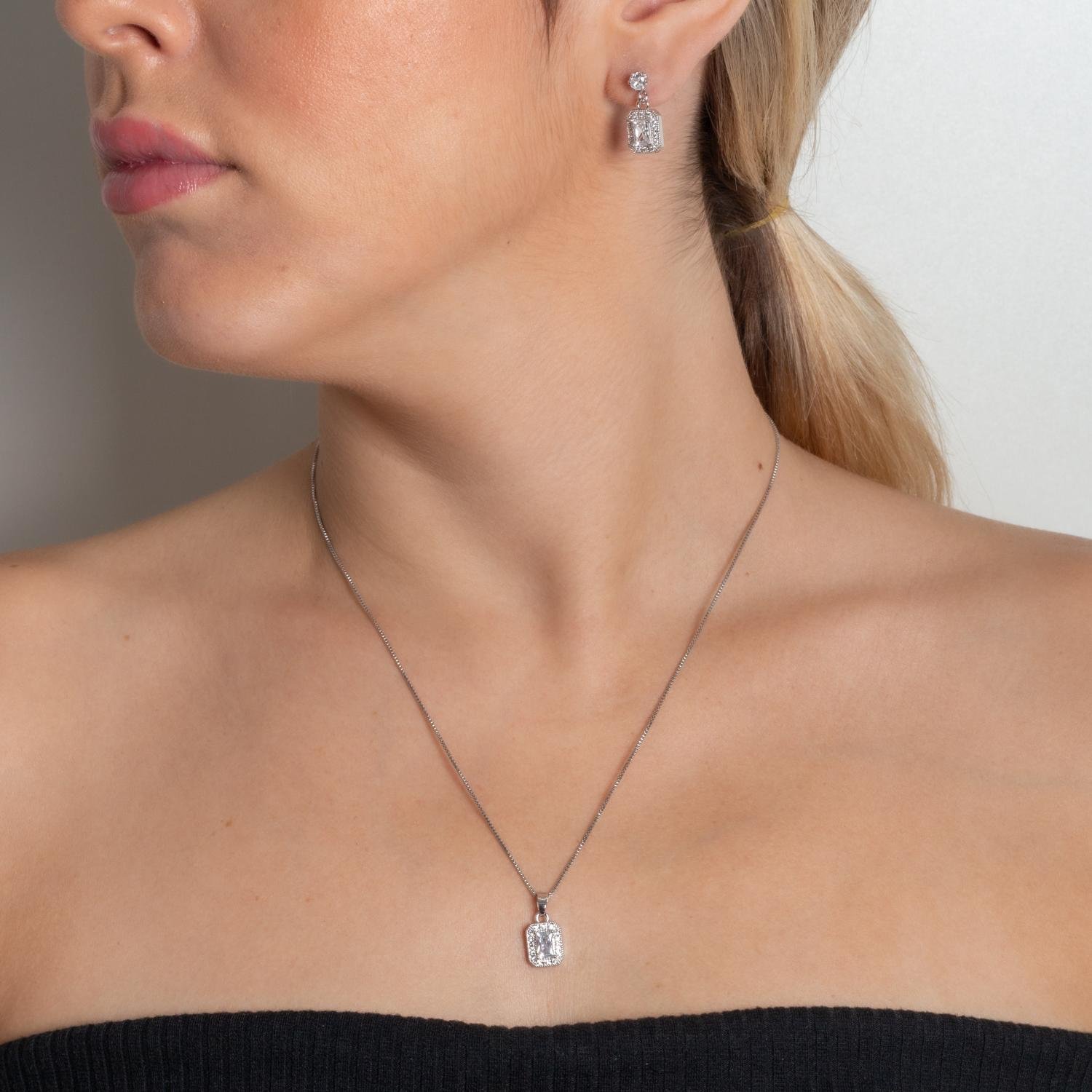 Cjt-868-Rd Conjunto Quadrado Cravejado Cristal - Ródio Branco (45cm+5cm).