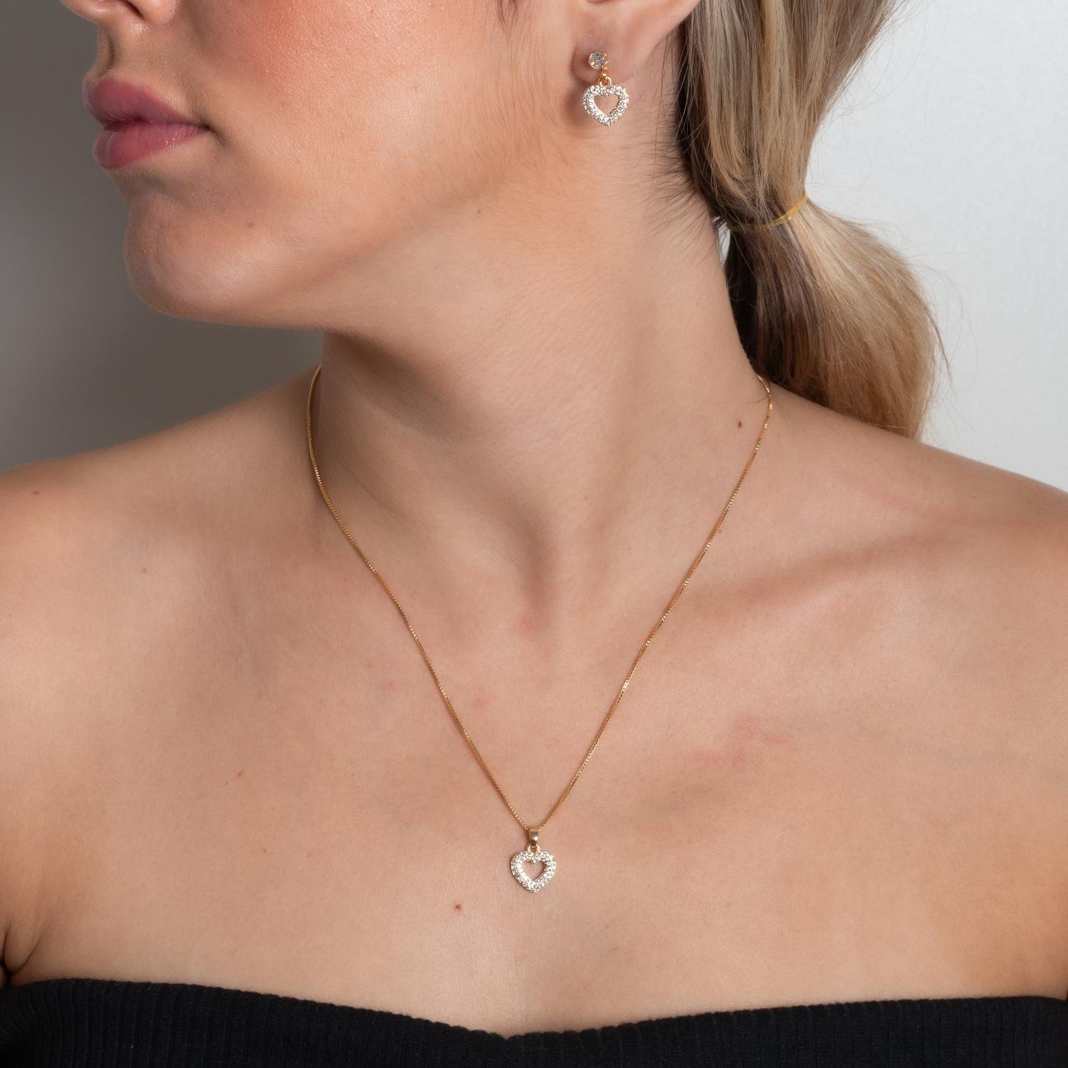 Cjt-872-Fo Conjunto De Coração Cravejado De Zircônias Cristais (45cm+5cm).