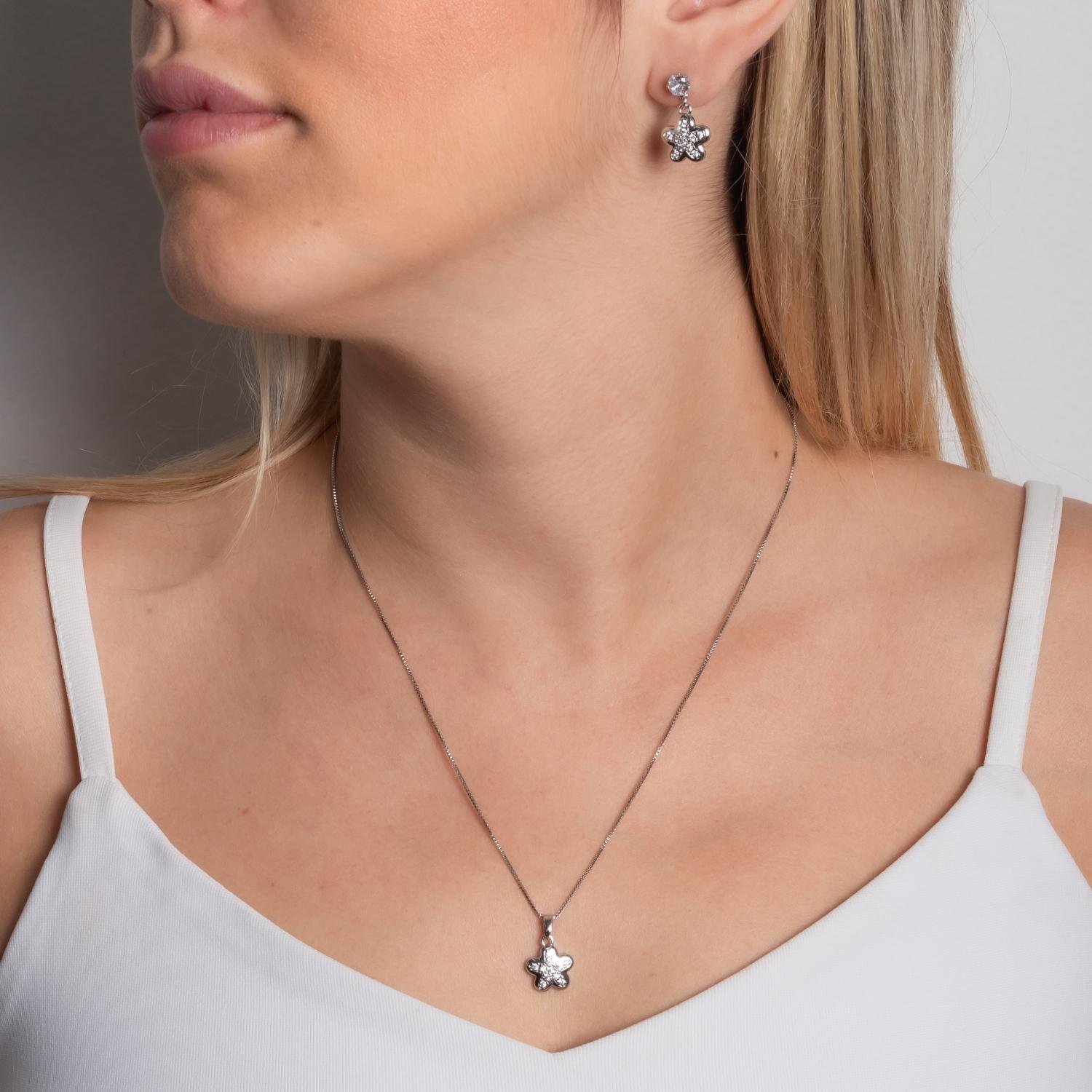 Cjt-883-Rd Conjunto De Flor Cravejado De Zircônias Cristais - Ródio Branco (45cm+5cm).