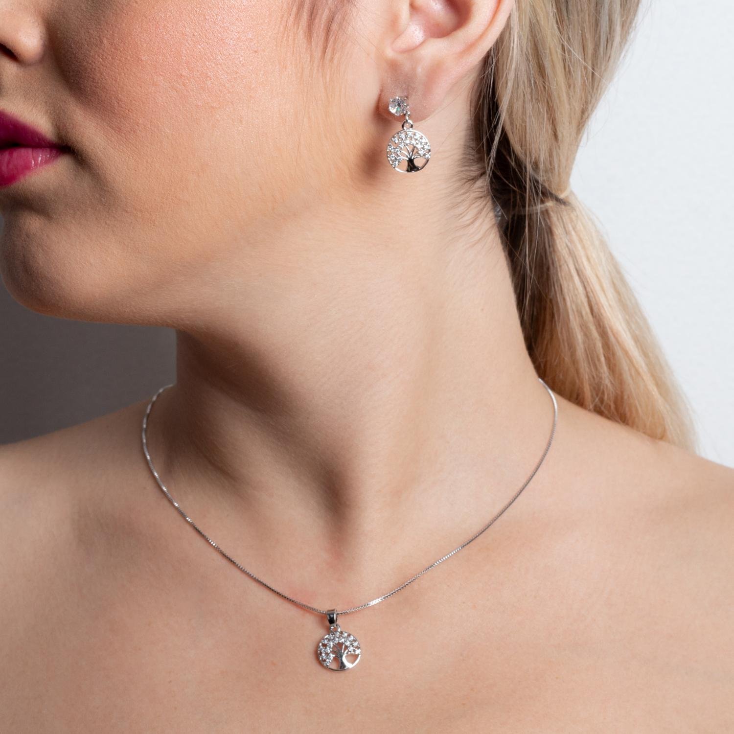 Cjt-884-Rd Conjunto Árvore Da Vida Cravejado Cristal - Ródio Branco (45cm+5cm).