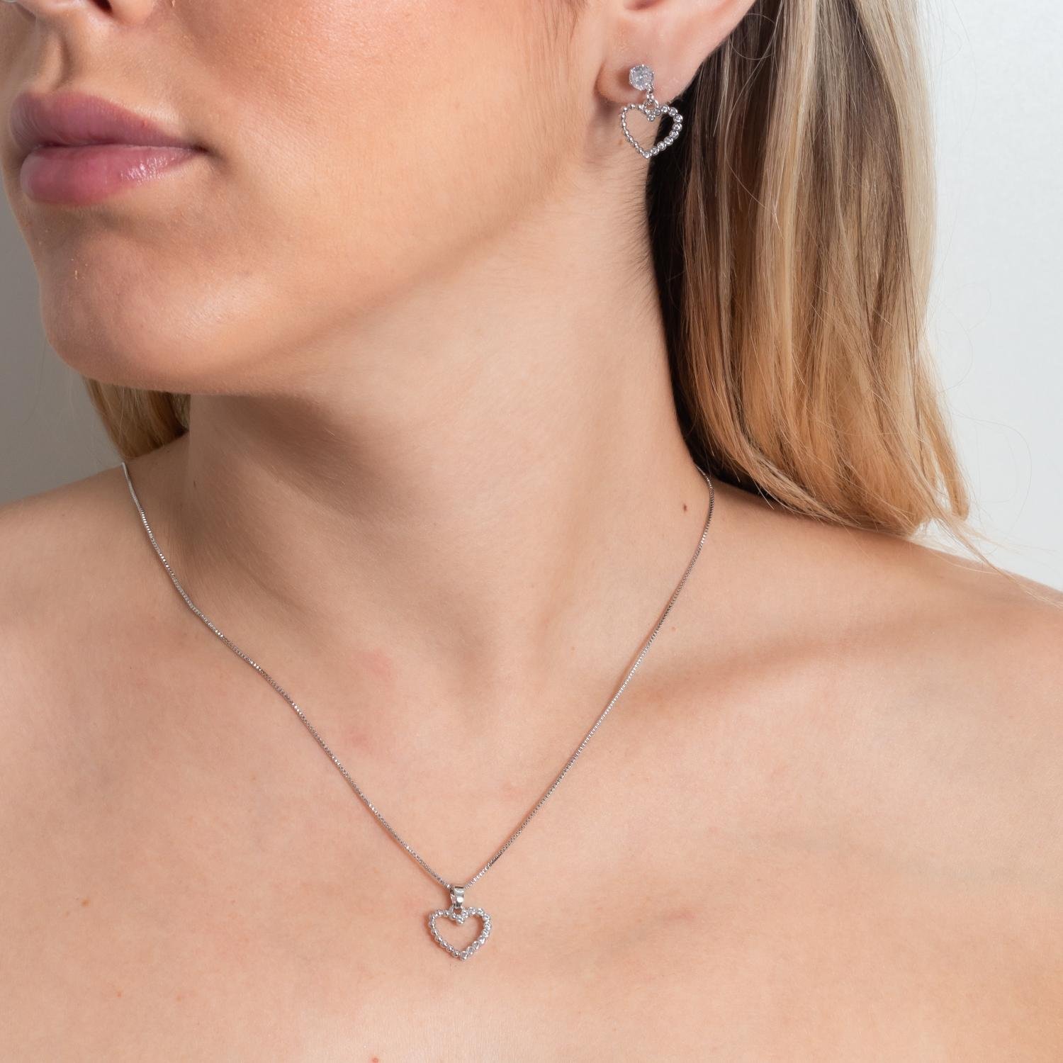 Cjt-887-Rd Conjunto De Coração Cravejado Cristal - Ródio Branco (45cm+5cm).