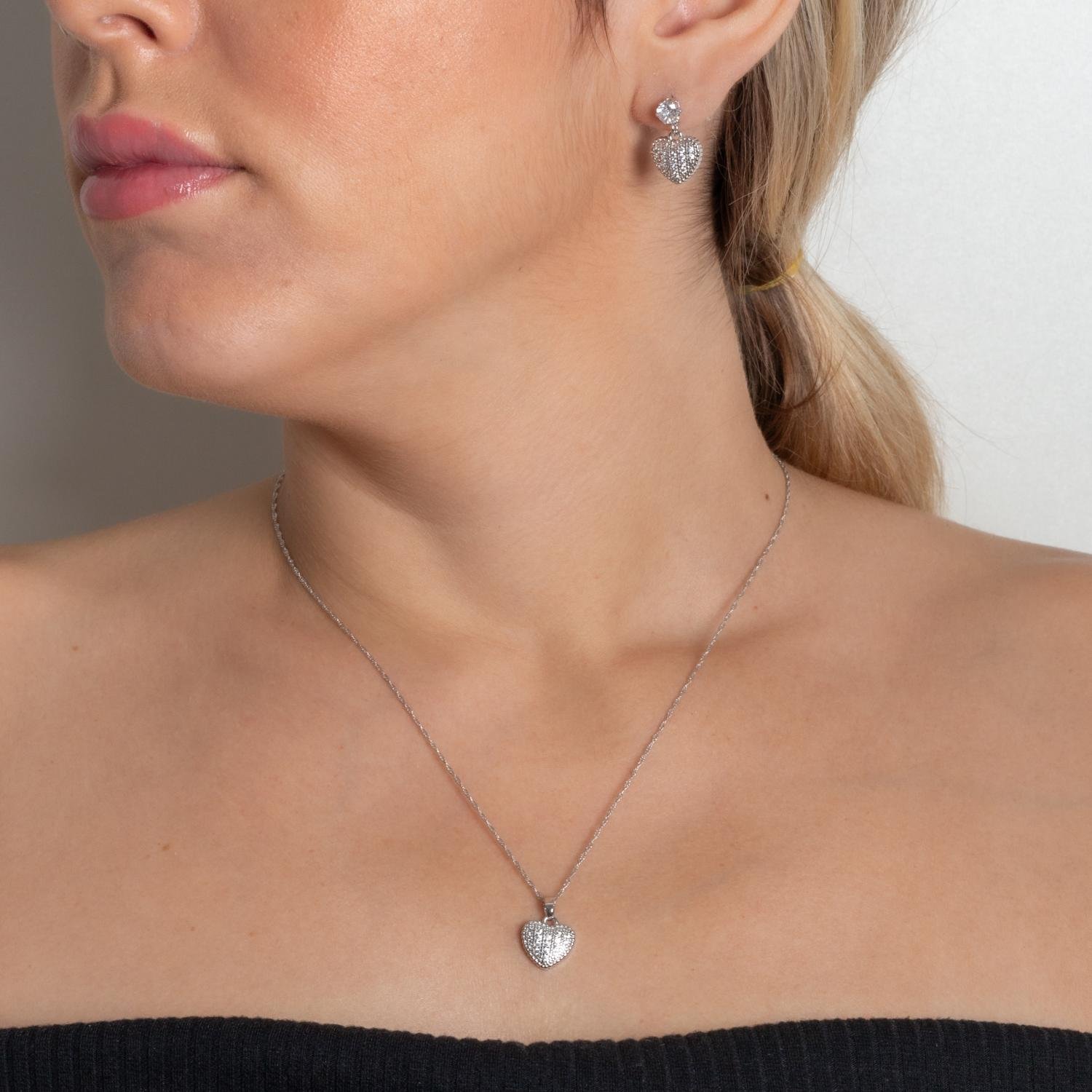 Cjt-892-Rd Conjunto De Coração Cravejado Cristal - Ródio Branco (45cm+5cm).