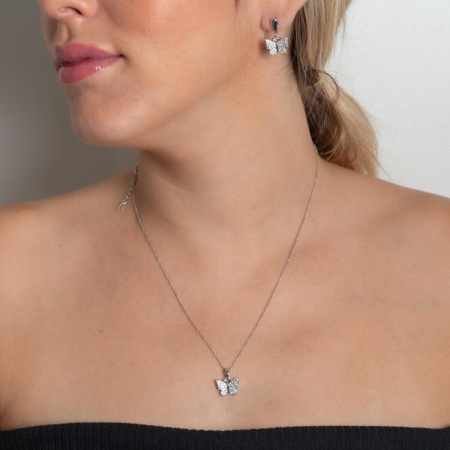 Cjt-893-Rd Conjunto De Borboleta Cravejado Cristal - Ródio Branco (45cm+5cm).