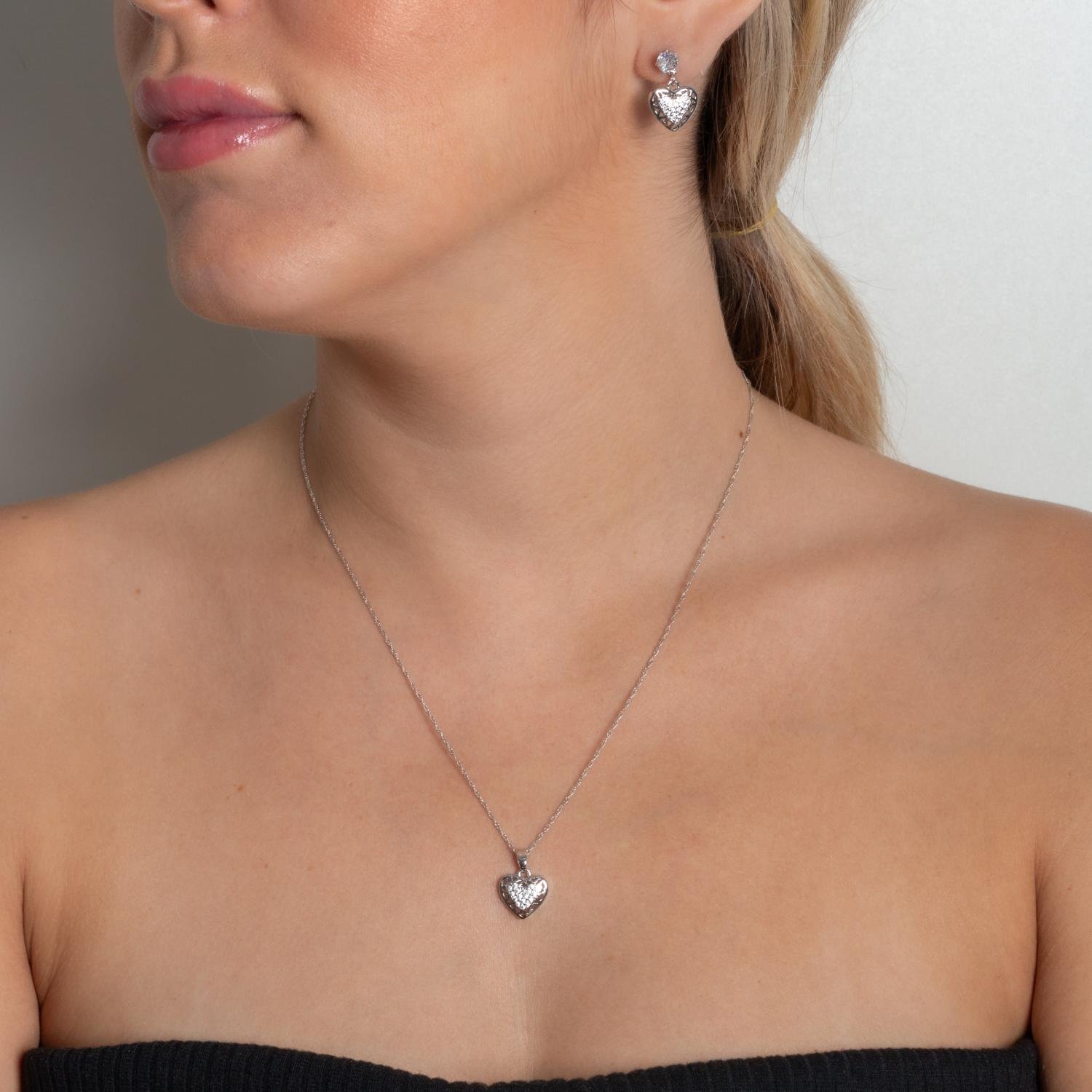 Cjt-895-Rd Conjunto De Coração Cravejado Cristal - Ródio Branco (45cm+5cm).