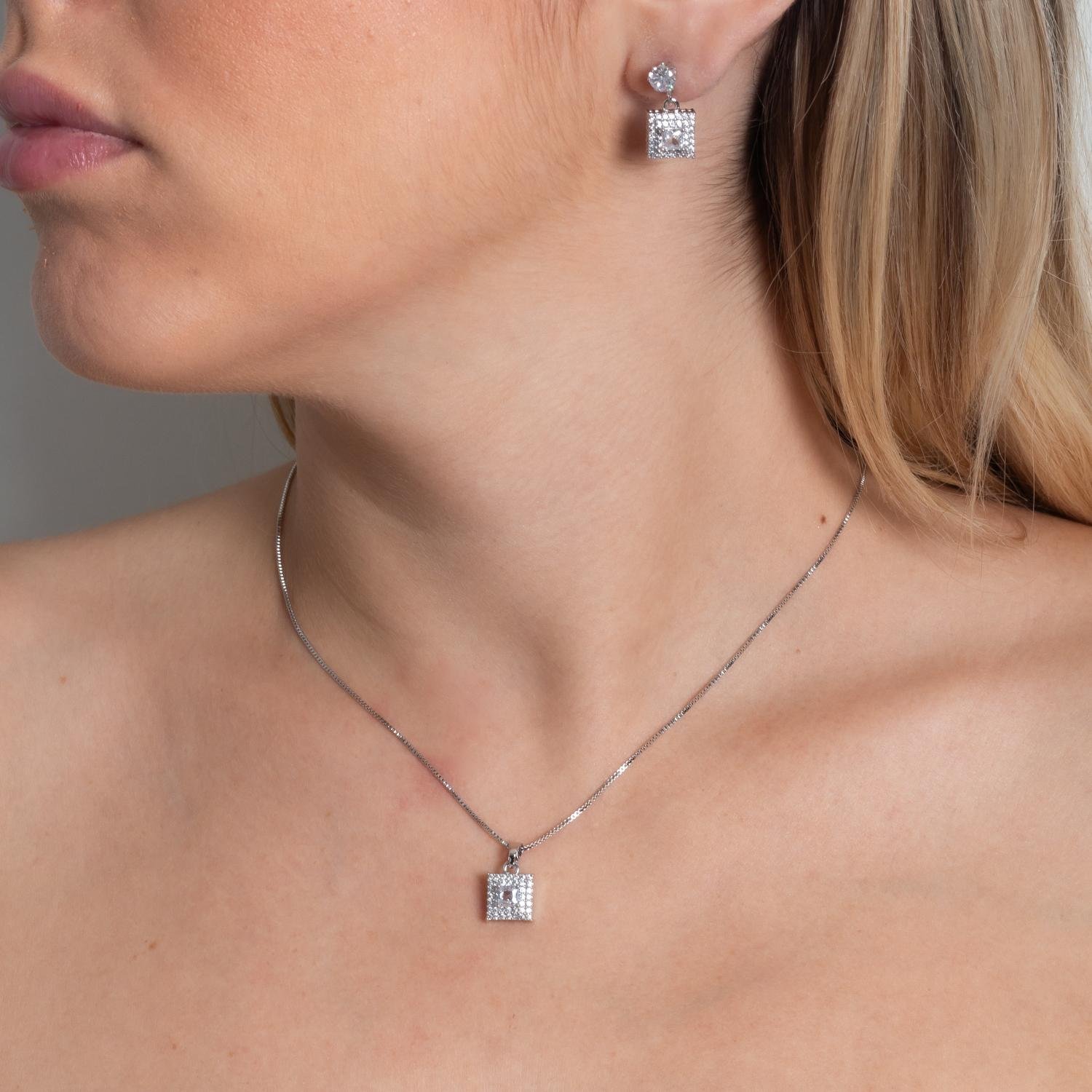 Cjt-897-Rd Conjunto Quadrado Cravejado Cristal - Ródio Branco (45cm+5cm).