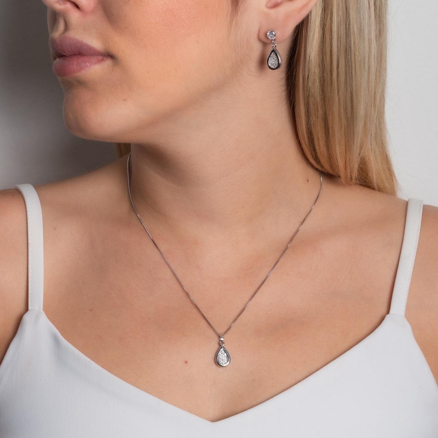 Cjt-899-Rd Conjunto Gota Cravejado De Zircônias Cristais - Ródio Branco (45cm+5cm).