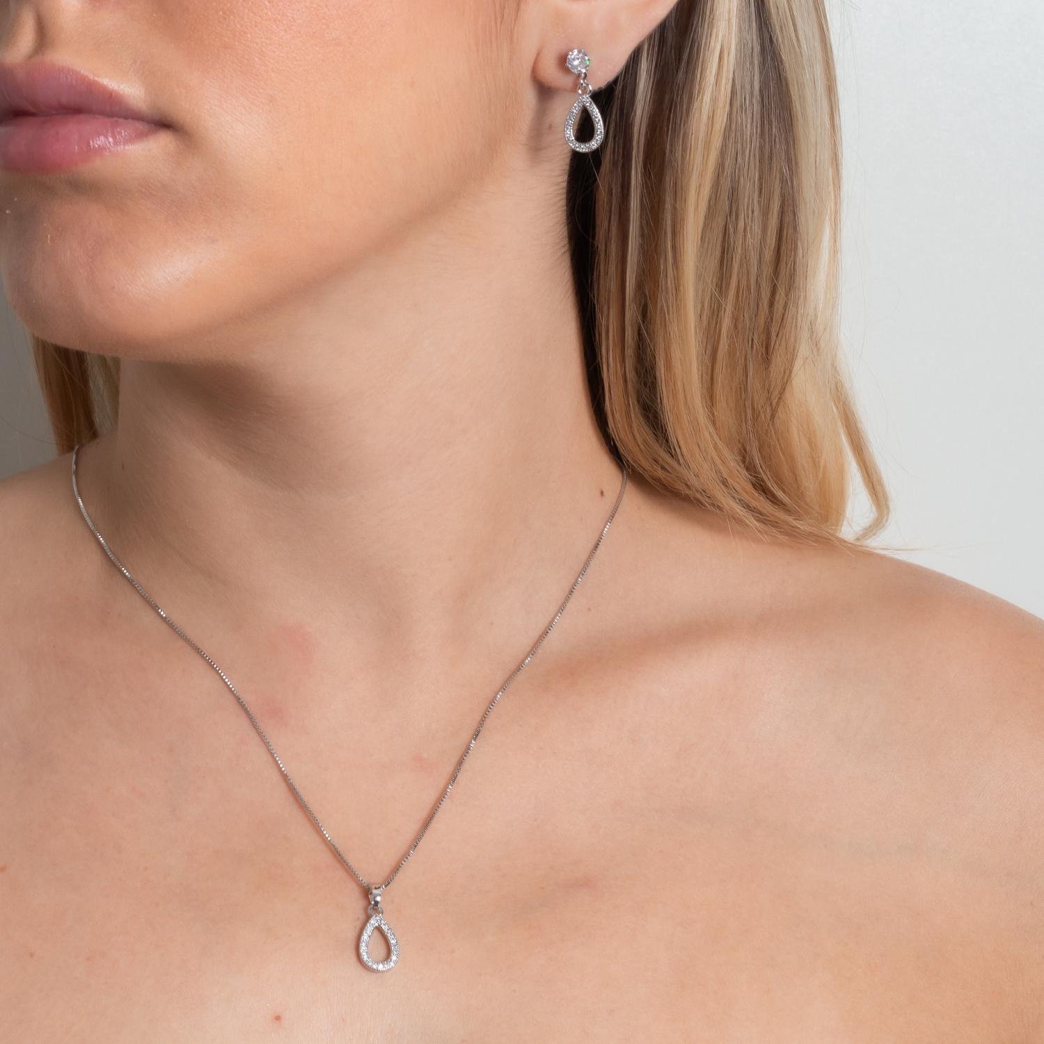 Cjt-901-Rd Conjunto Gota Cravejado Cristal - Ródio Branco (45cm+5cm).