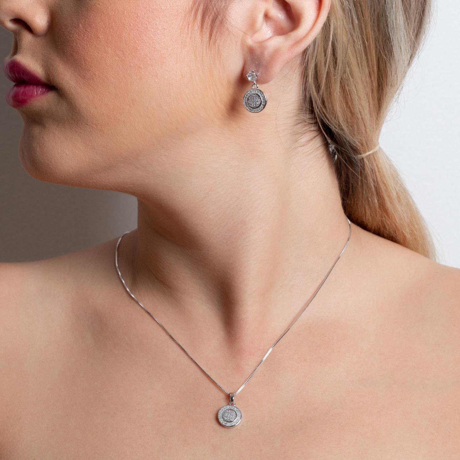 Cjt-906-Rd Conjunto Com Pingente Cravejado Cristal - Ródio Branco (45cm+5cm).