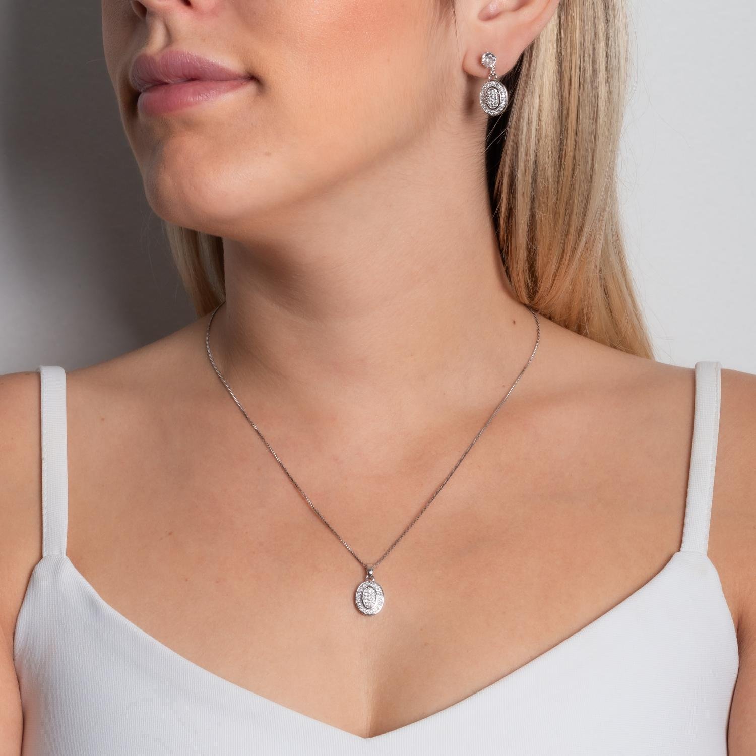 Cjt-907-Rd Conjunto Cravejado De Zircônias Cristais - Ródio Branco (45cm+5cm).