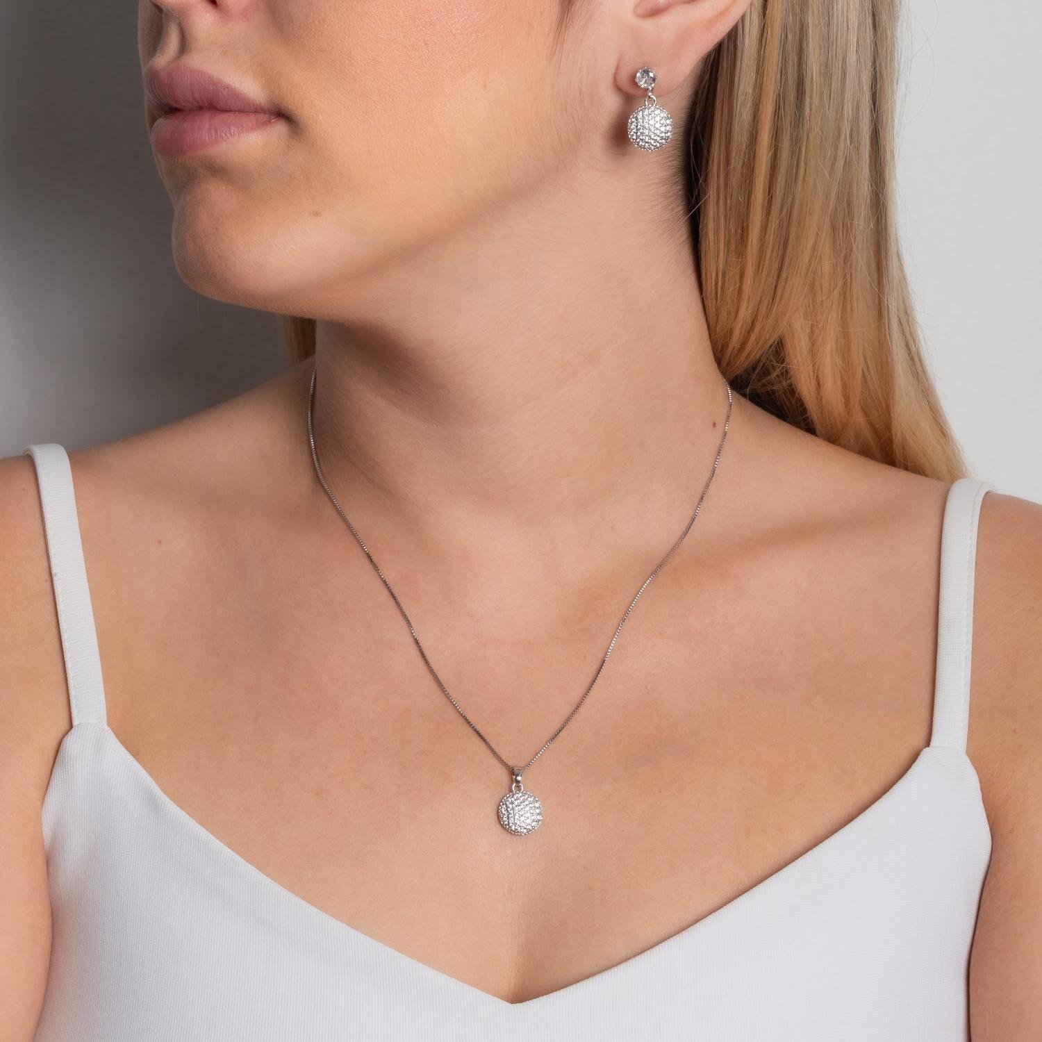 Cjt-909-Rd Conjunto Redondo Cravejado De Zircônias Cristais - Ródio Branco (45cm+Cm).