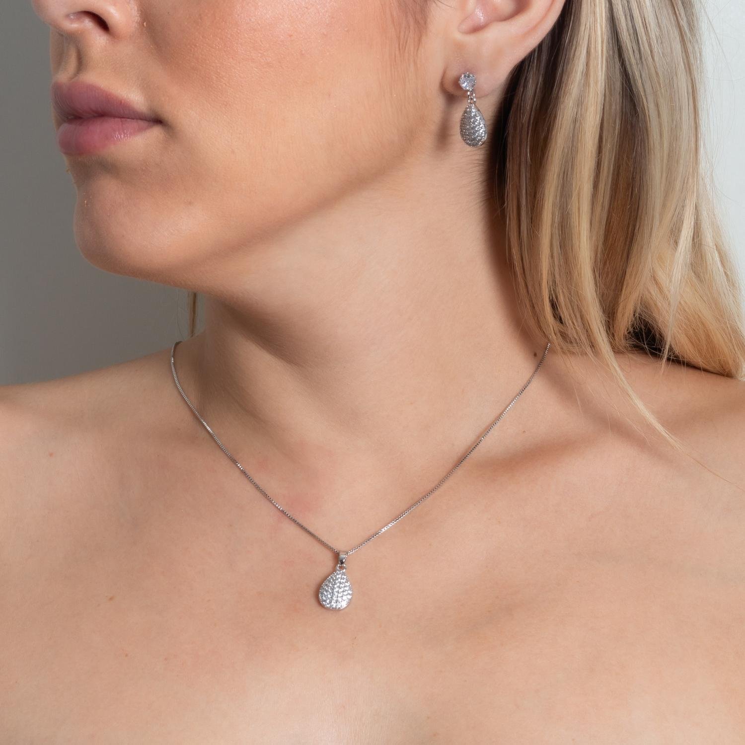 Cjt-910-Rd Conjunto Gota Cravejado Cristal - Ródio Branco (45cm+5cm).