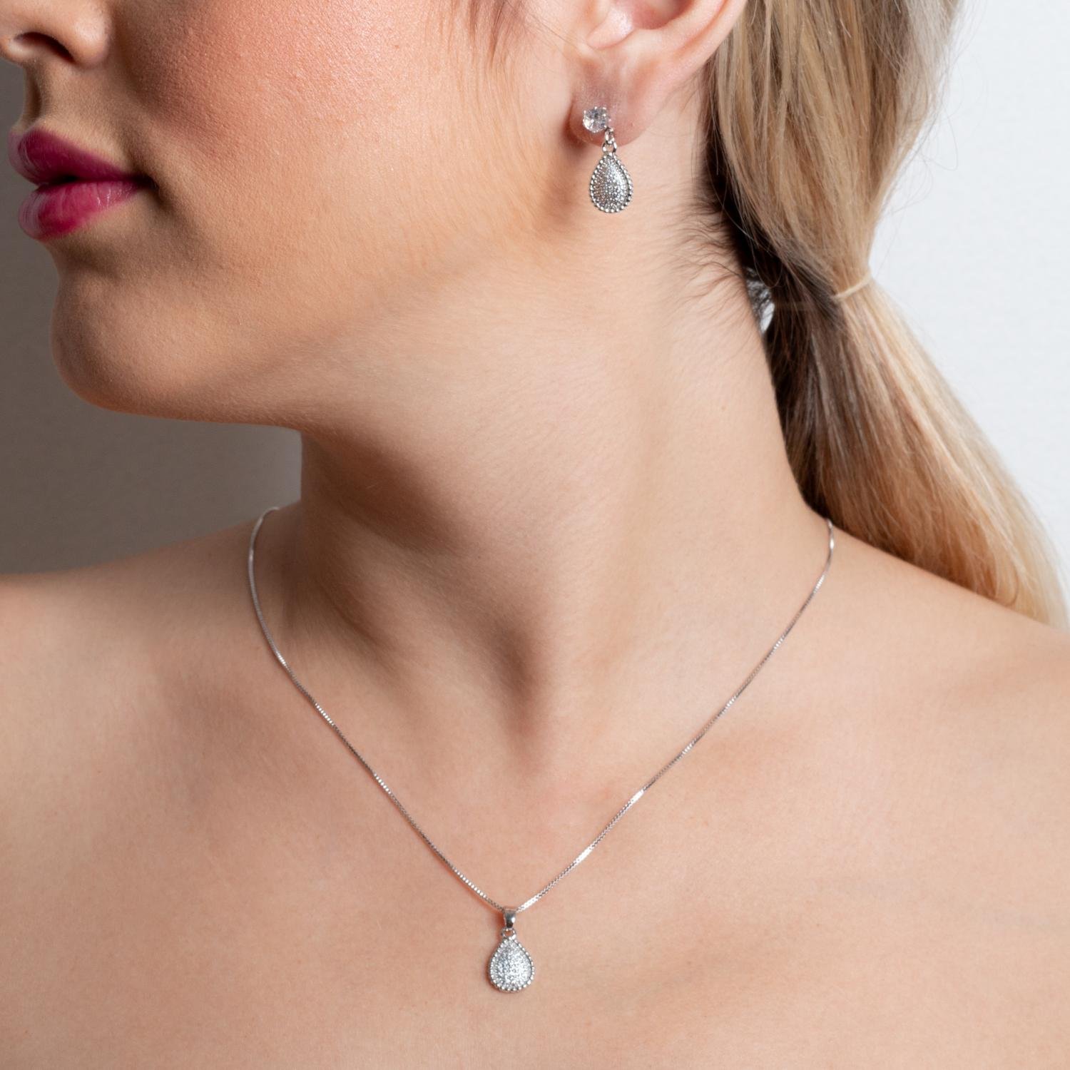 Cjt-914-Rd Conjunto Gota Cravejado Cristal - Ródio Branco (45cm+5cm).