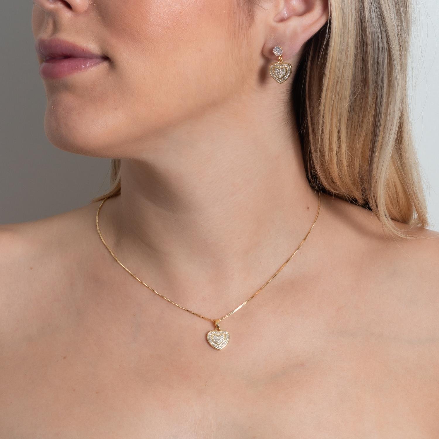 Cjt-915-Fo Conjunto De Coração Cravejado De Zircônias Cristais (45cm+5cm).